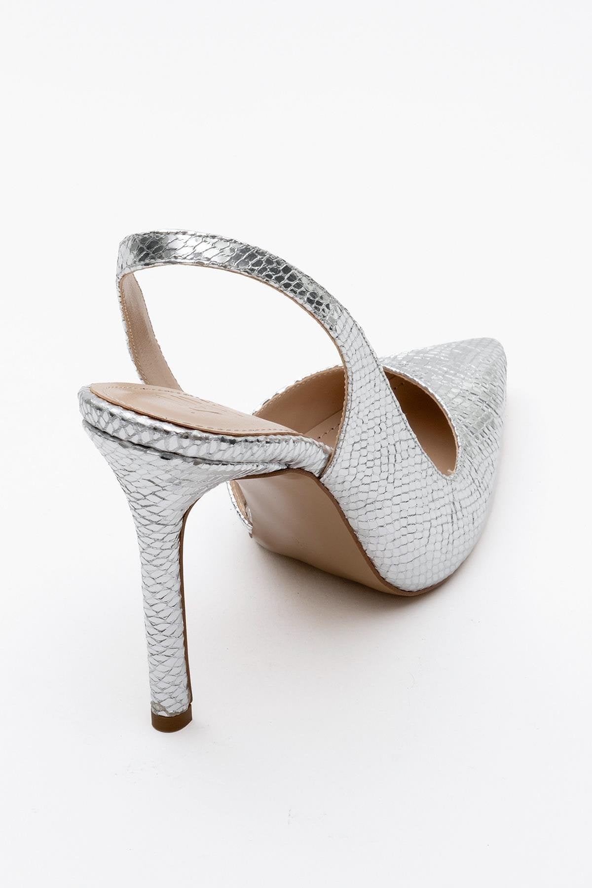 Twine - Silver Patterned High Heel – heel view showing leather, silver, SimmiUnique
