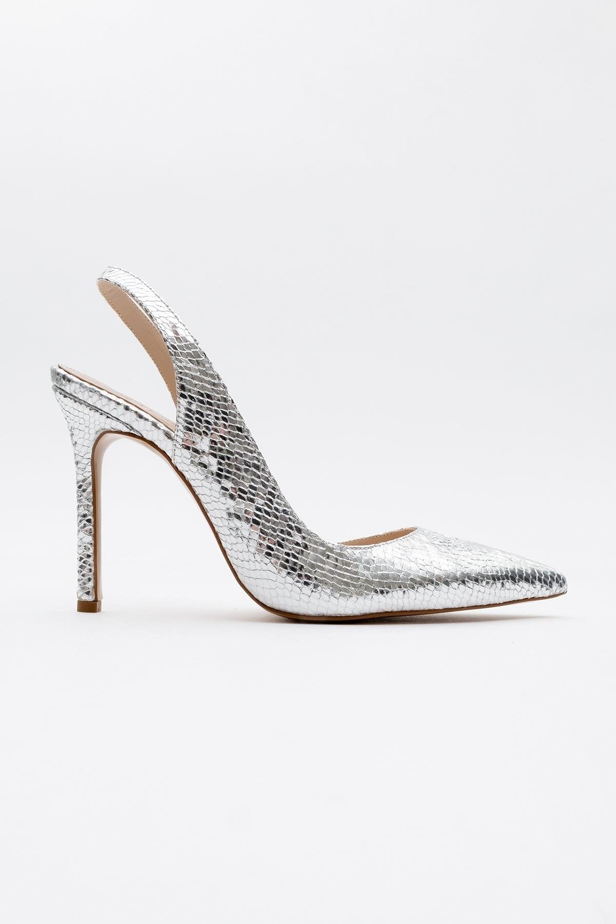 Twine - Silver Patterned High Heel – back view showing leather, silver, SimmiUnique