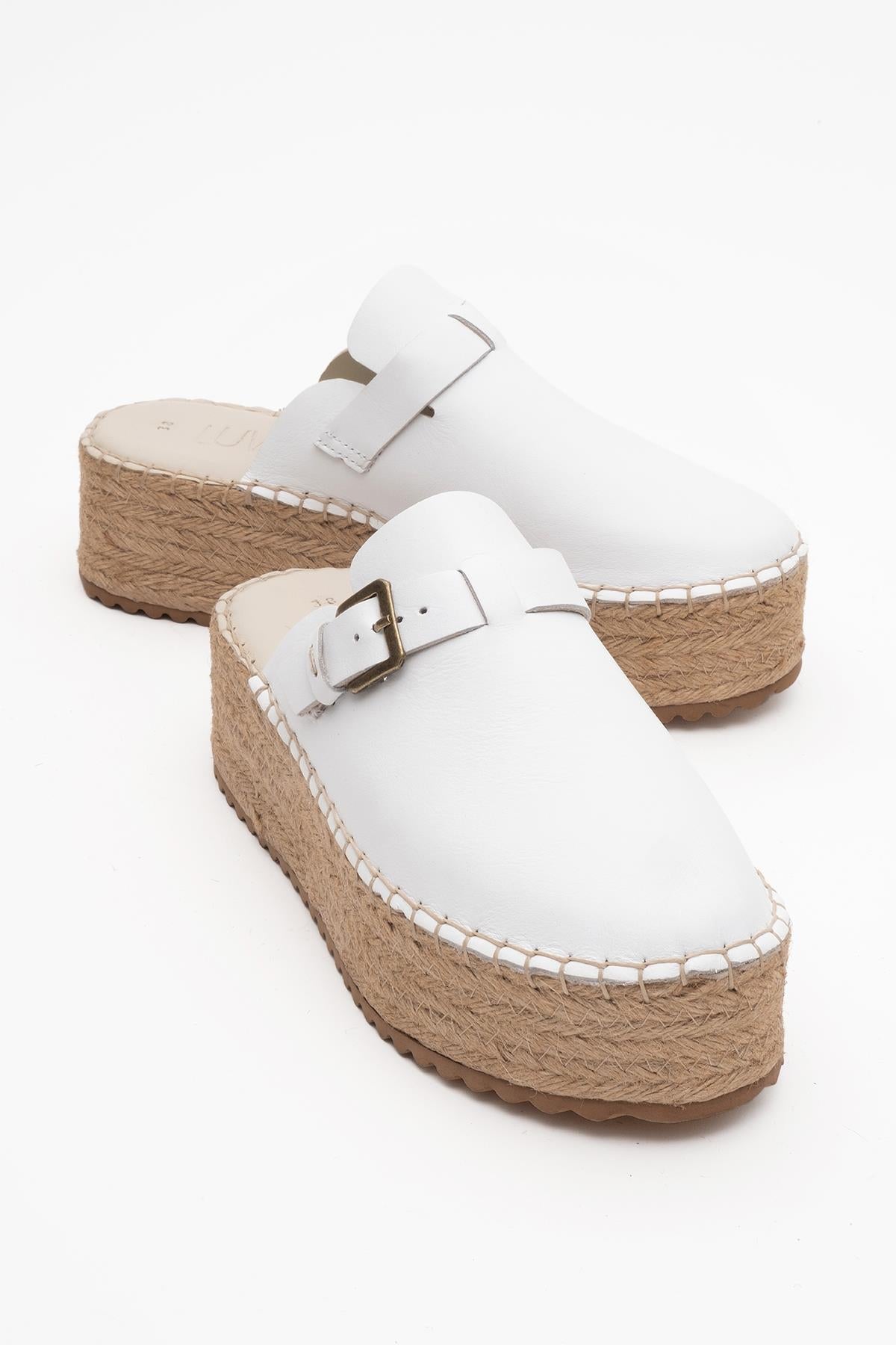Novas - White Leather Platform Espadrille Mule – front three-quarter view showing leather, white, red, SimmiUnique