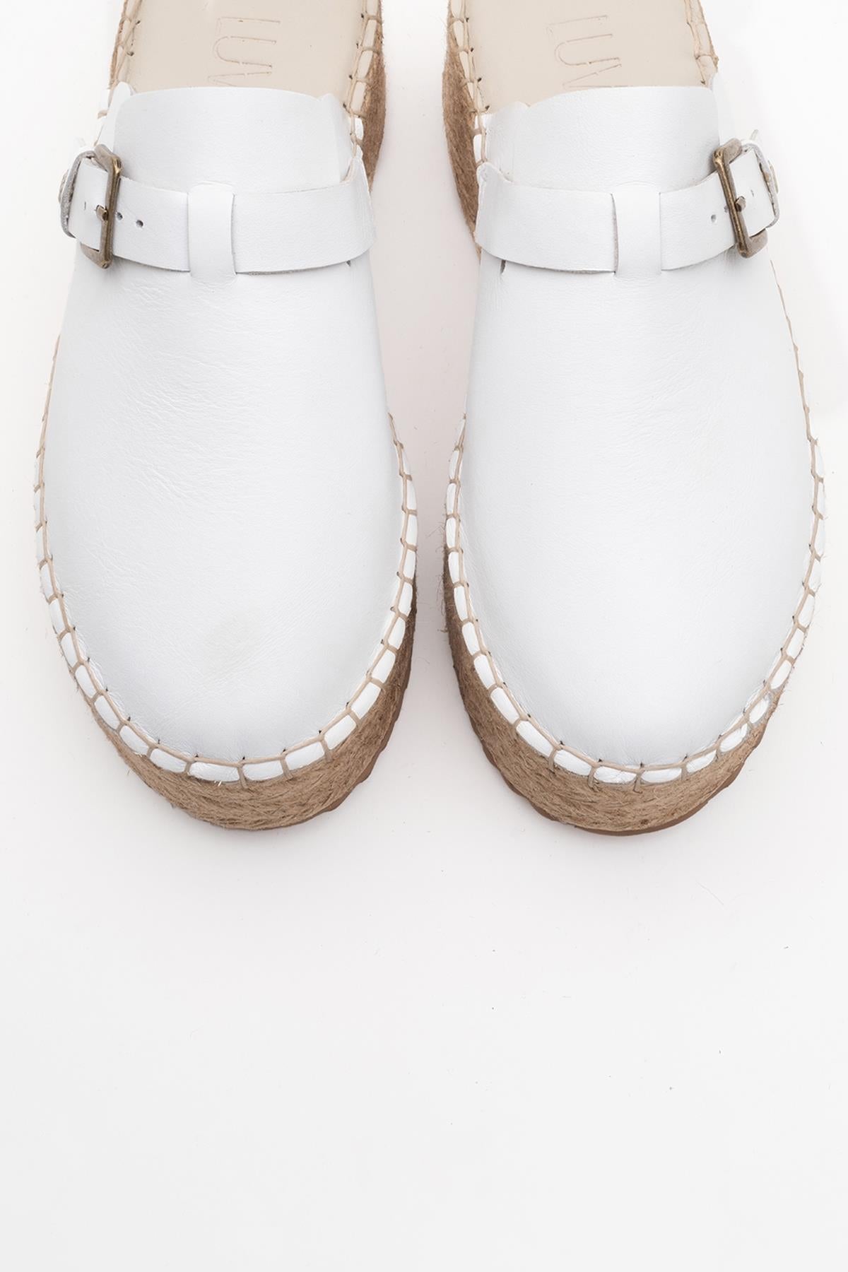 Novas - White Leather Platform Espadrille Mule – side view showing leather, white, red, SimmiUnique