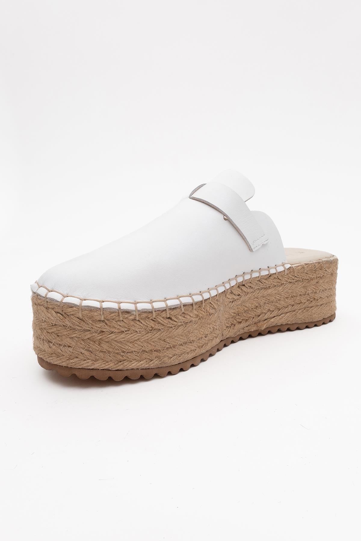 Novas - White Leather Platform Espadrille Mule – detail view showing leather, white, red, SimmiUnique