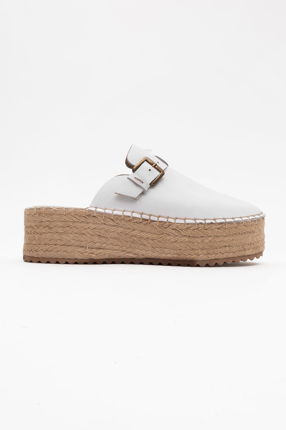 Novas - White Leather Platform Espadrille Mule – back view showing leather, white, red, SimmiUnique