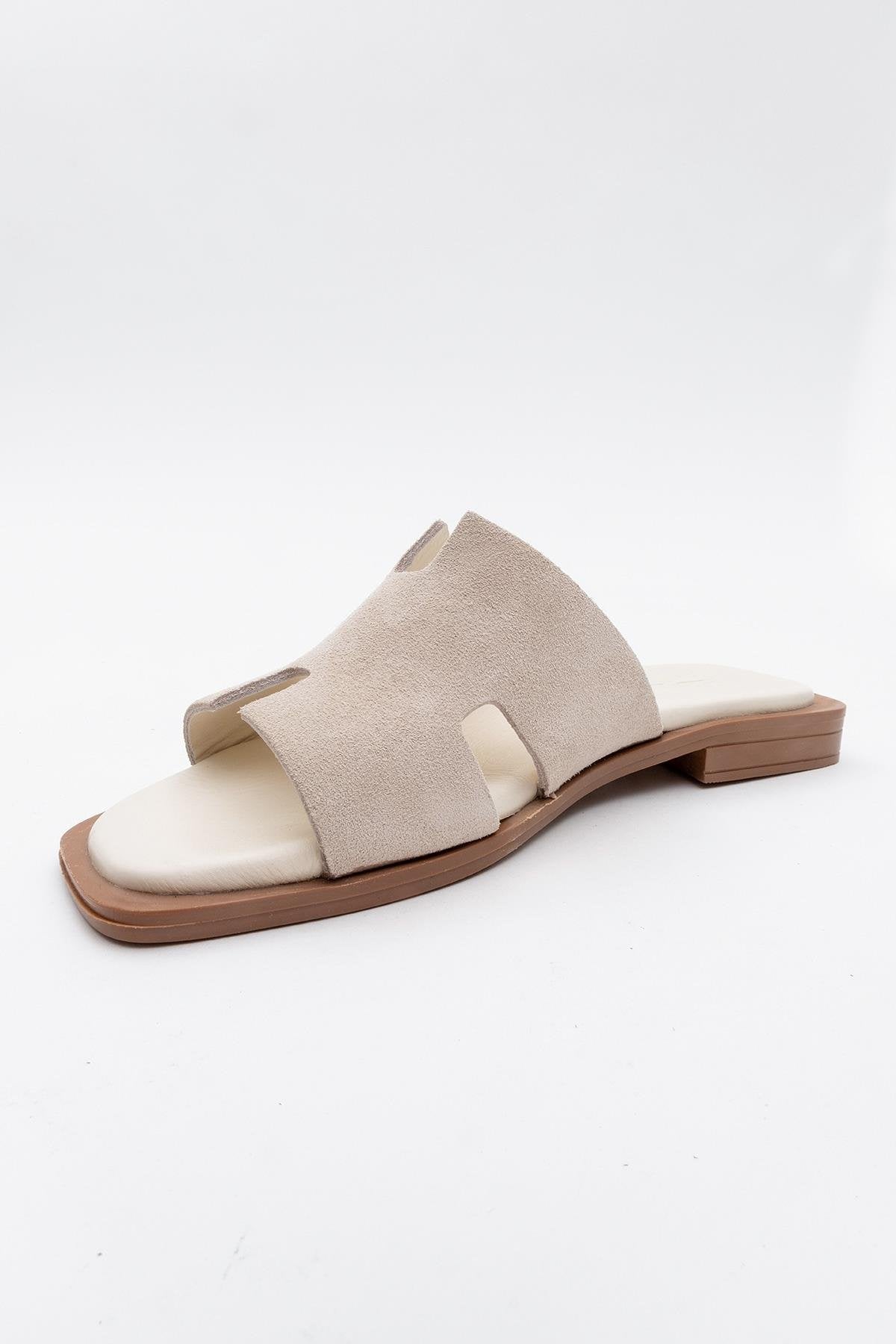 Jez - Beige Suede Leather Slide Sandal – detail view showing leather, suede, SimmiUnique