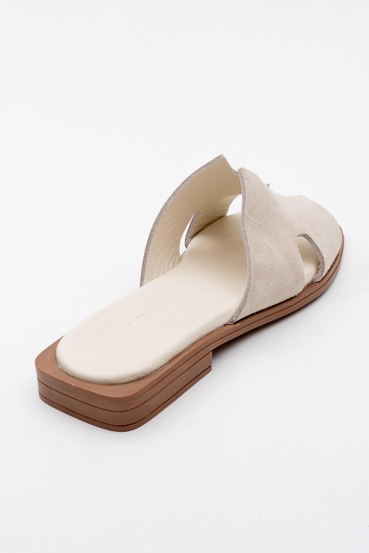 Jez - Beige Suede Leather Slide Sandal – heel view showing leather, suede, SimmiUnique