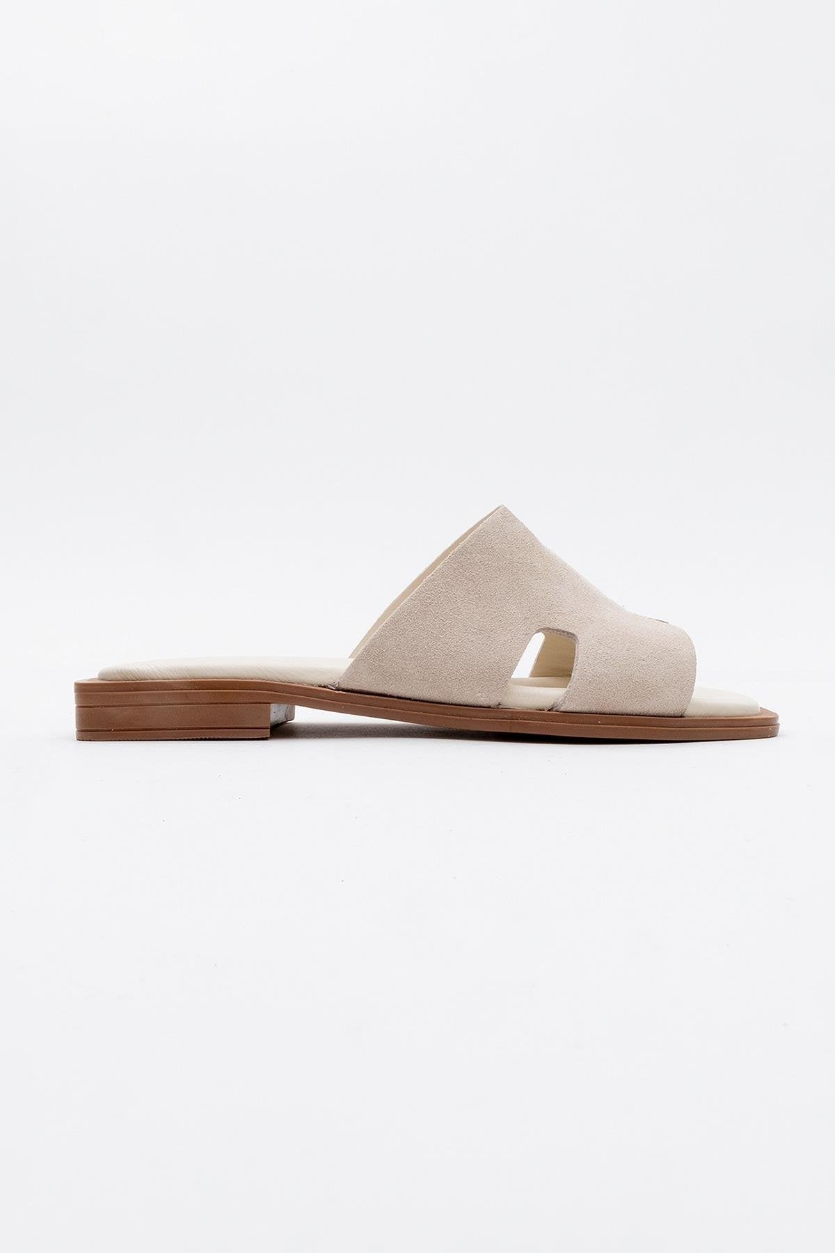 Jez - Beige Suede Leather Slide Sandal – back view showing leather, suede, SimmiUnique