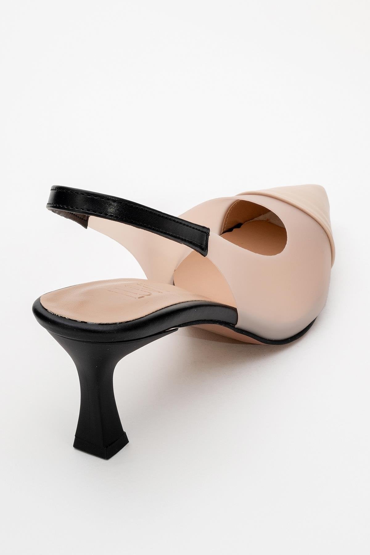 Moore - Nude/Black Transparent Open-Back Pointed Toe High Heel – heel view showing leather, black, nude, SimmiUnique