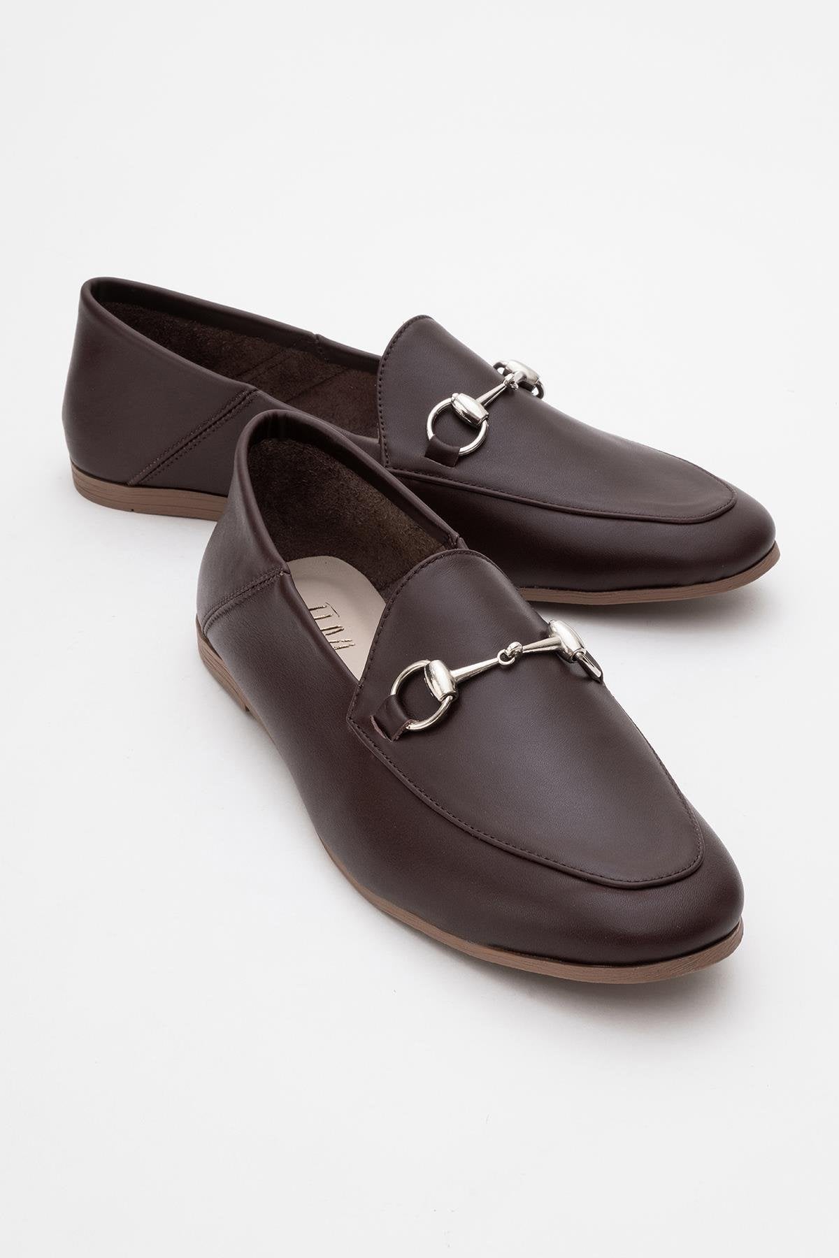 Penny - Brown Leather Horsebit Loafers – front three-quarter view showing leather, suede, SimmiUnique