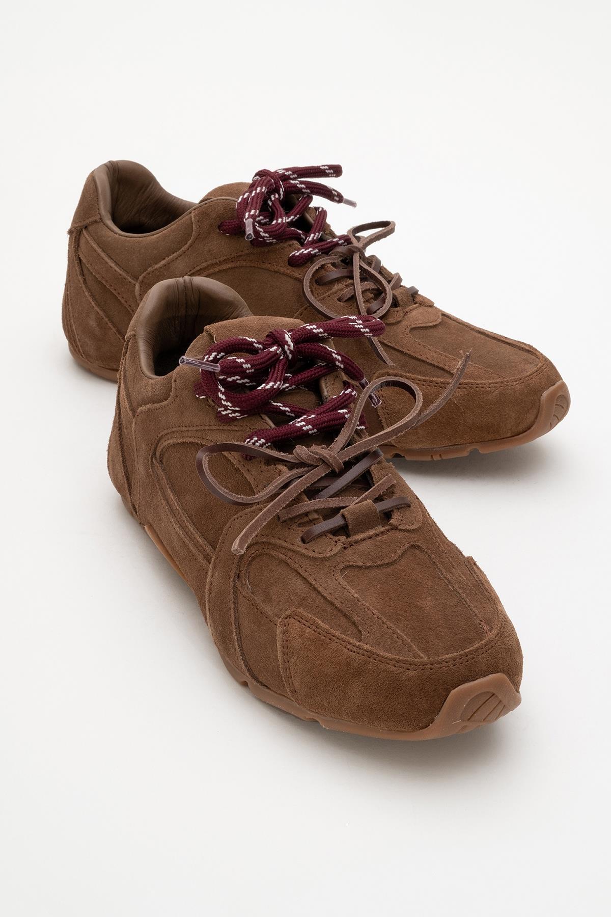 Selena - Brown Suede Leather Sneakers – front three-quarter view showing leather, suede, red, SimmiUnique