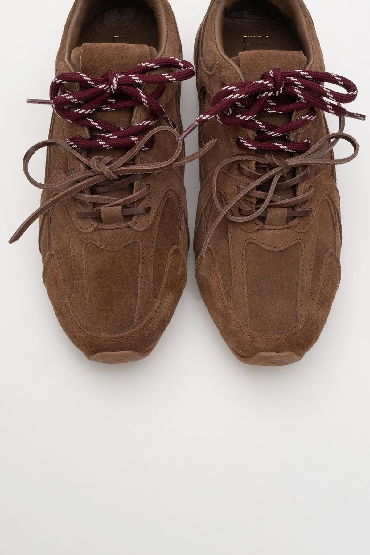 Selena - Brown Suede Leather Sneakers – side view showing leather, suede, red, SimmiUnique