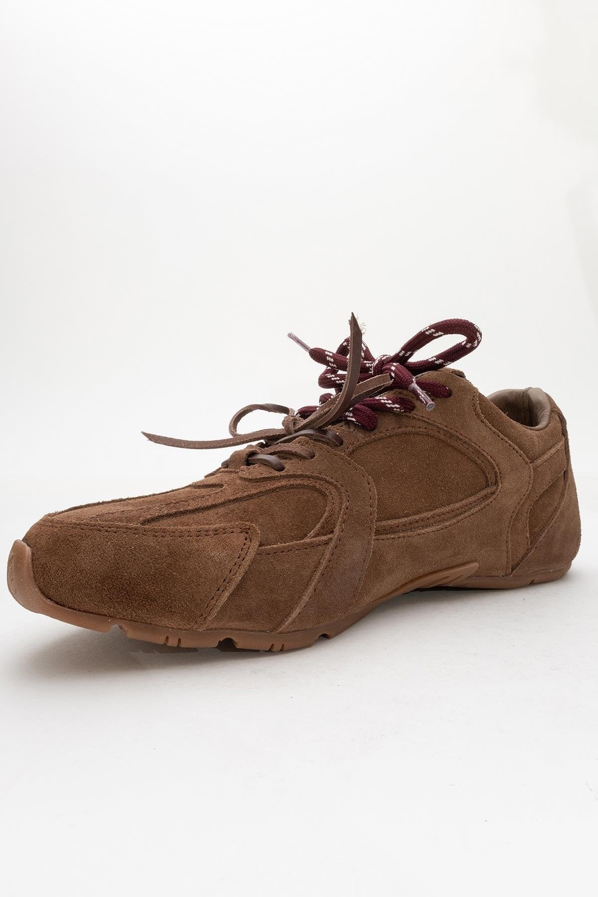 Selena - Brown Suede Leather Sneakers – detail view showing leather, suede, red, SimmiUnique