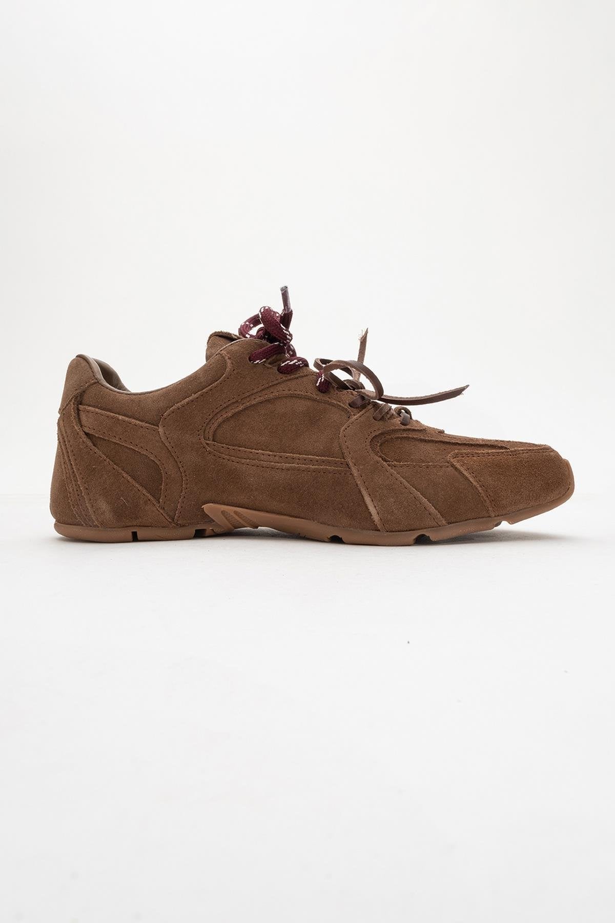 Selena - Brown Suede Leather Sneakers – back view showing leather, suede, red, SimmiUnique