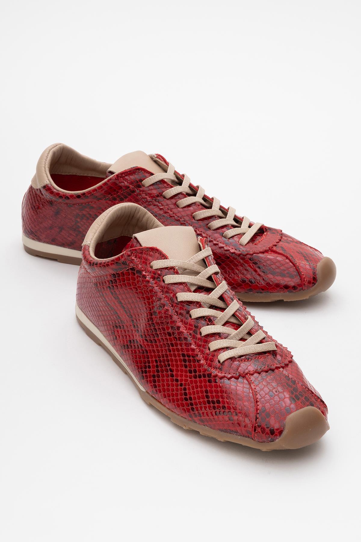 Crea - Red Leather Sneakers – front three-quarter view showing leather, red, SimmiUnique