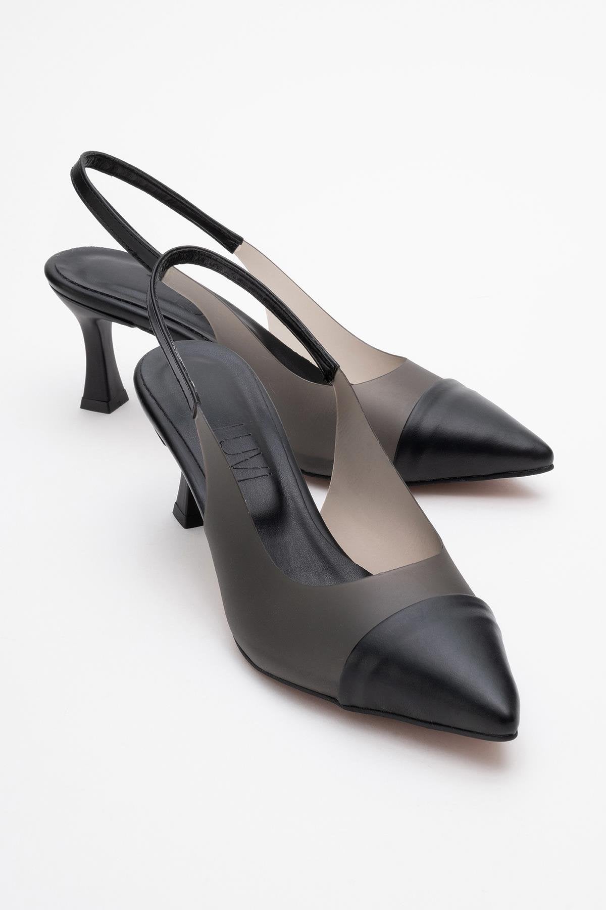 Moore - Black Transparent Open Back Pointed Toe Pump – front three-quarter view showing leather, black, SimmiUnique