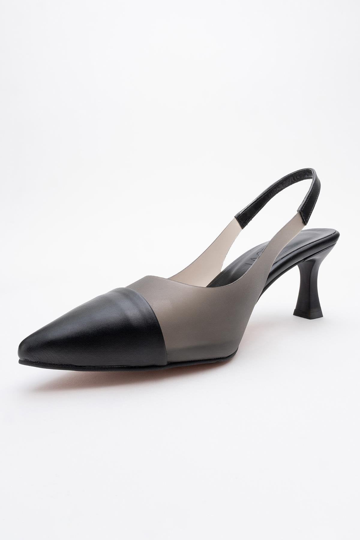 Moore - Black Transparent Open Back Pointed Toe Pump – detail view showing leather, black, SimmiUnique