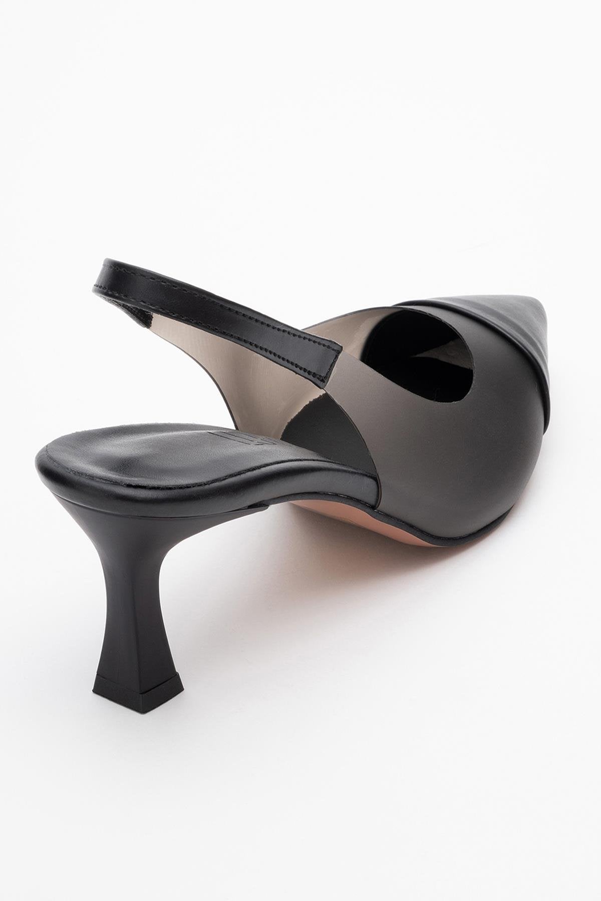 Moore - Black Transparent Open Back Pointed Toe Pump – heel view showing leather, black, SimmiUnique