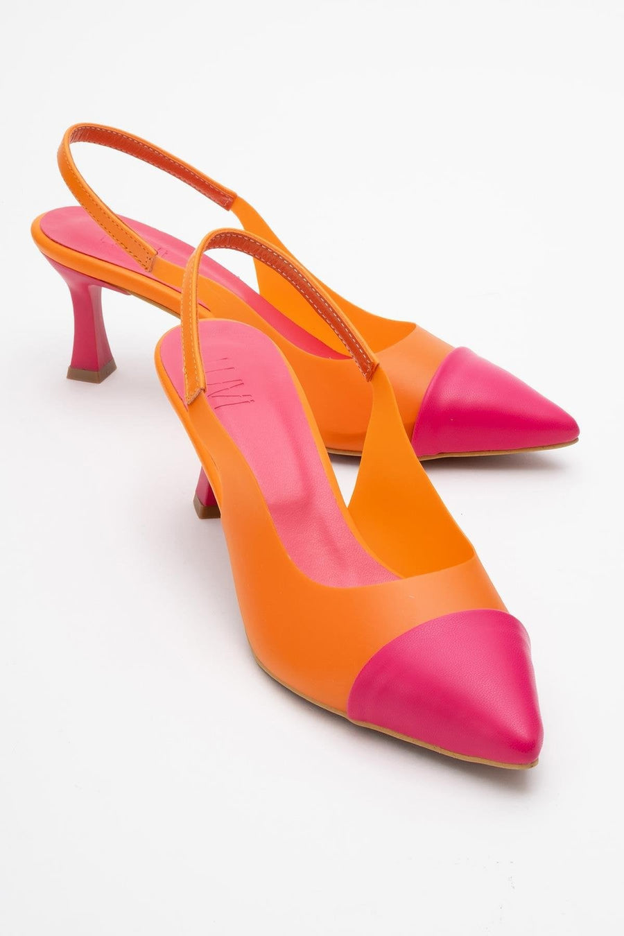Moore - Orange-Fuchsia Transparent Open Back Pointed Toe Pump