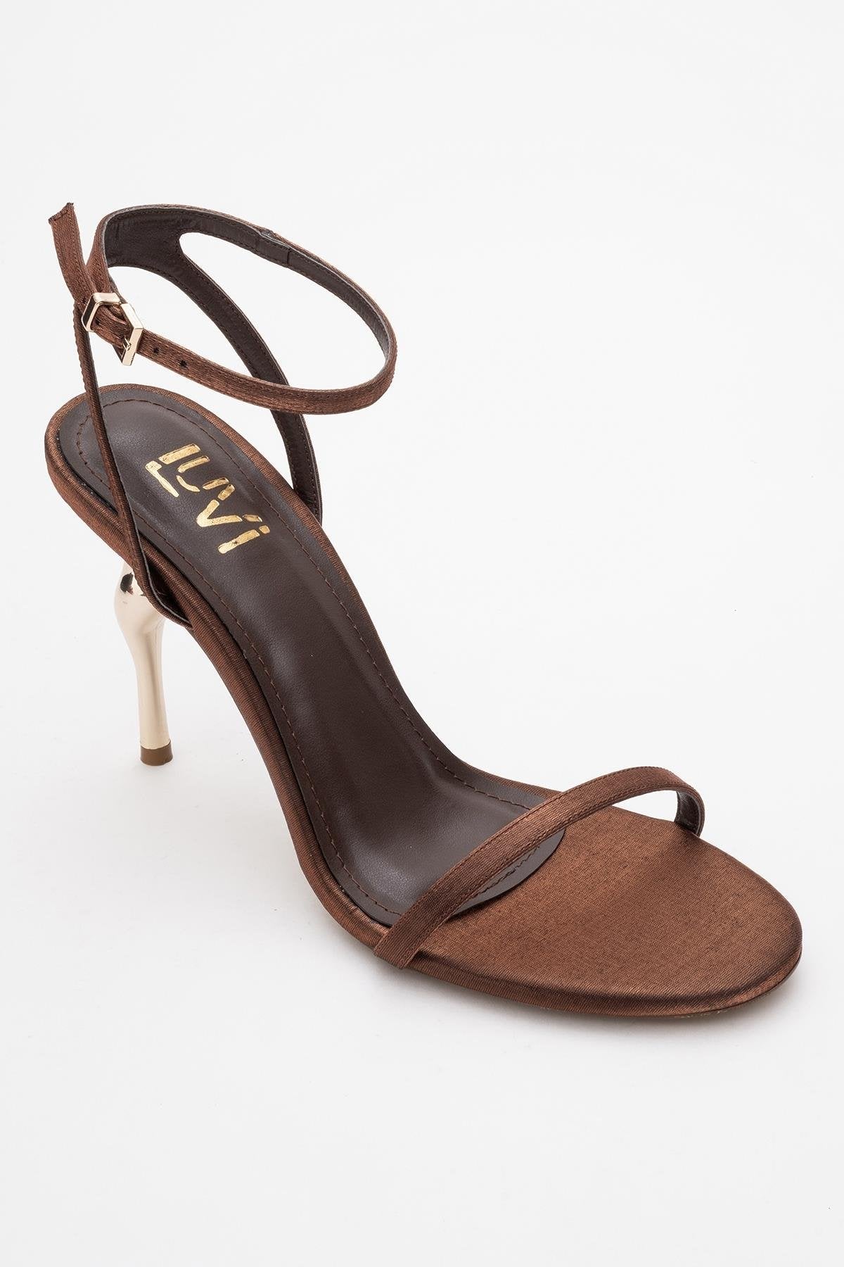 Jasmin - Cognac Satin Stiletto Pump – detail view showing satin, leather, SimmiUnique
