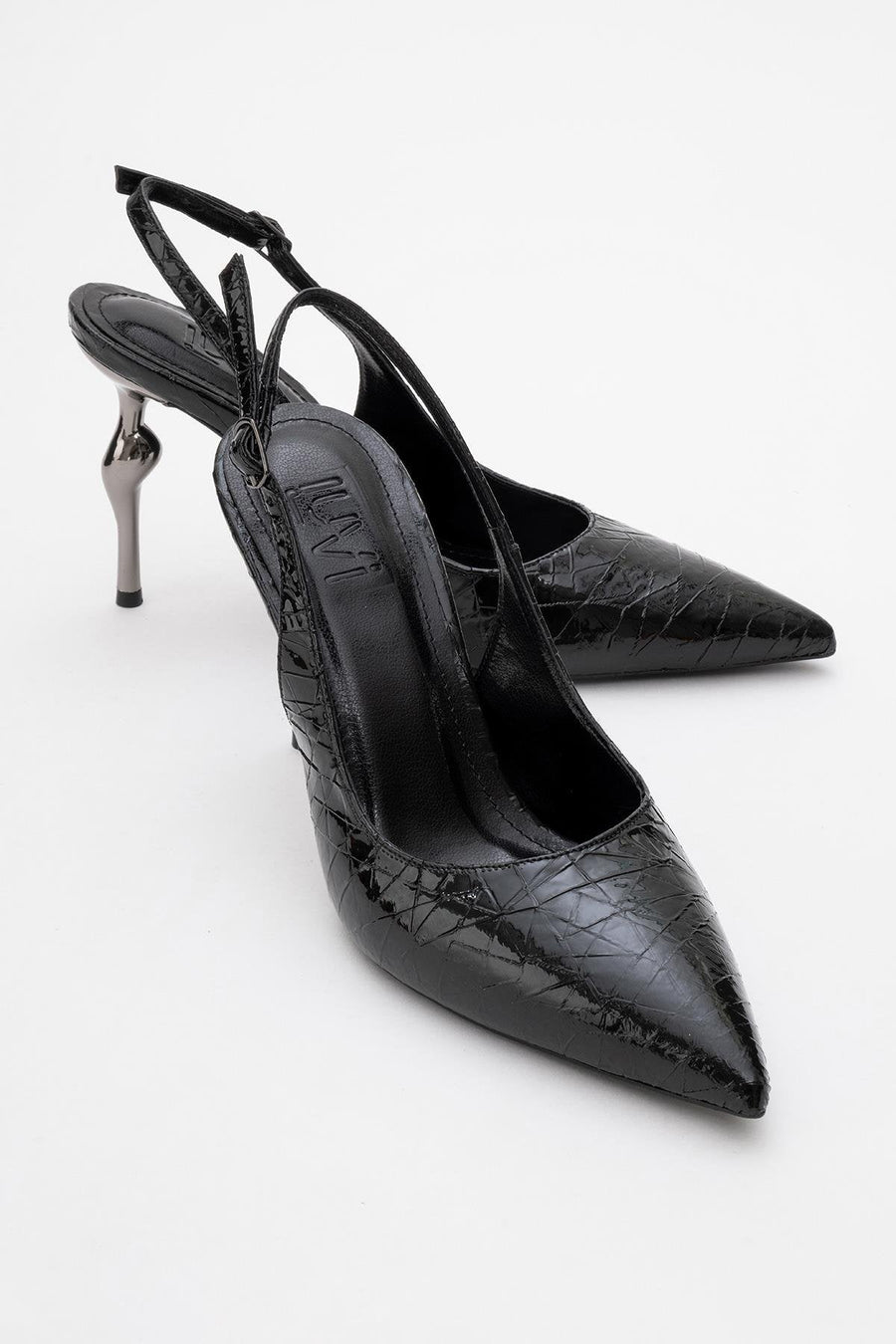 Chica - Black Patterned Backless Pointed High Heel