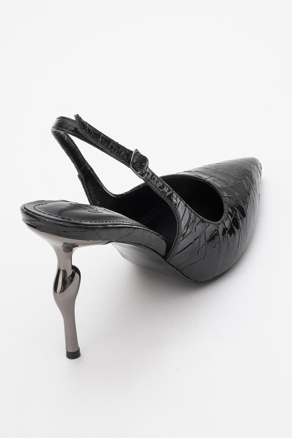 Chica - Black Patterned Backless Pointed High Heel – back view showing leather, metallic, black, SimmiUnique