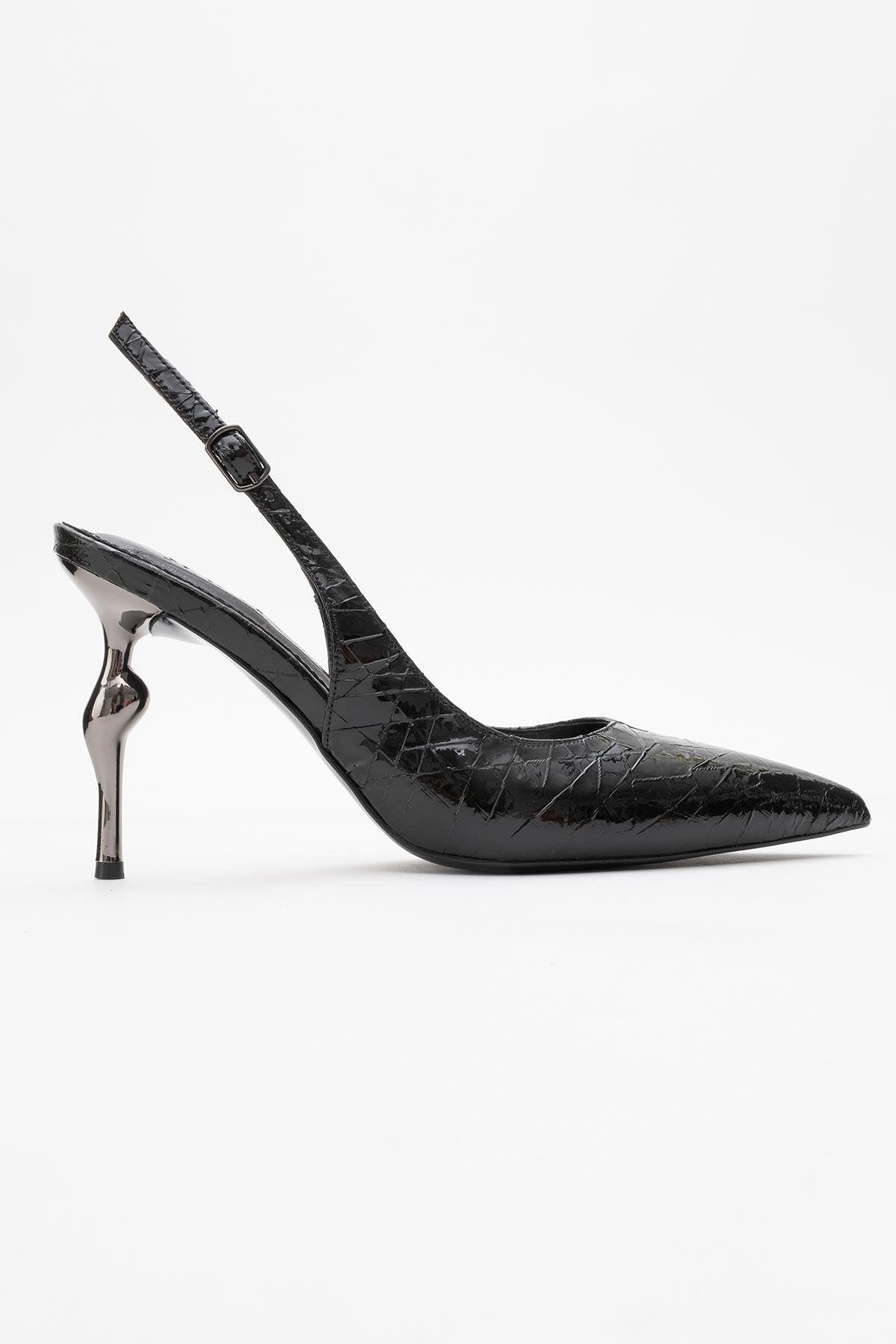 Chica - Black Patterned Backless Pointed High Heel – top view showing leather, metallic, black, SimmiUnique