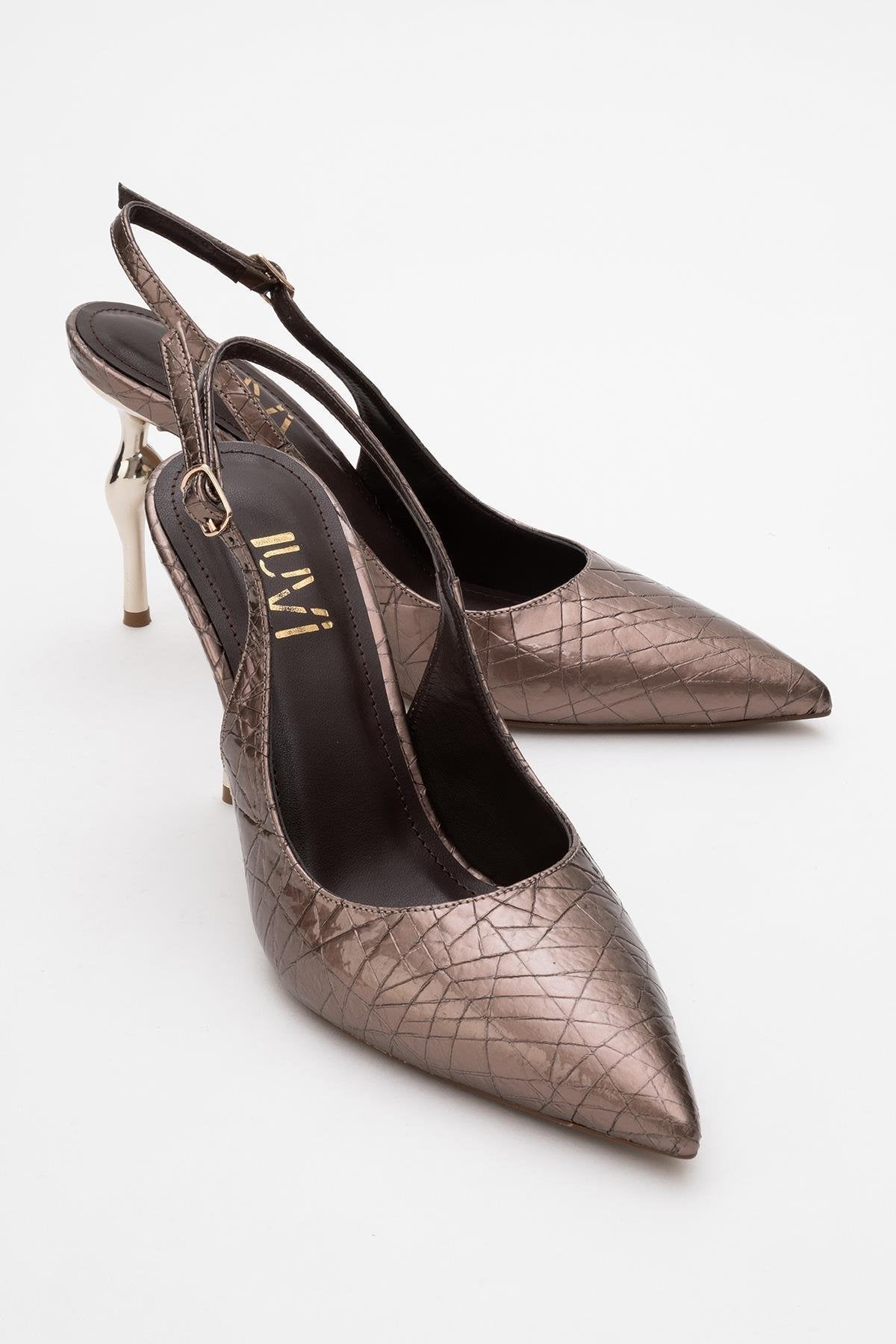 Chica - Bronze Patterned Backless Pointed High Heel – front three-quarter view showing leather, metallic, SimmiUnique