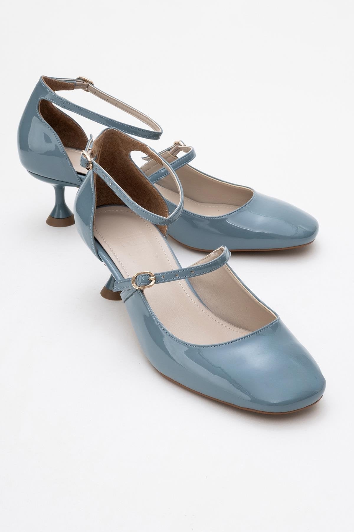 Emly - Blue Patent Round Toe Low Heel Shoe – front three-quarter view showing leather, blue, red, SimmiUnique