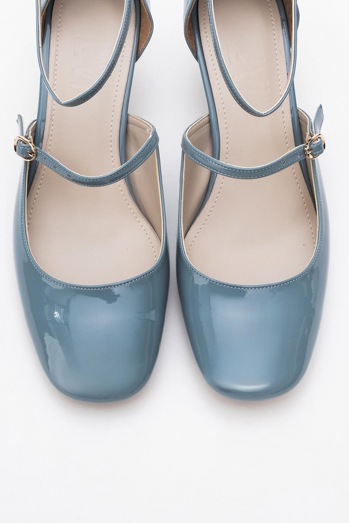 Emly - Blue Patent Round Toe Low Heel Shoe – side view showing leather, blue, red, SimmiUnique