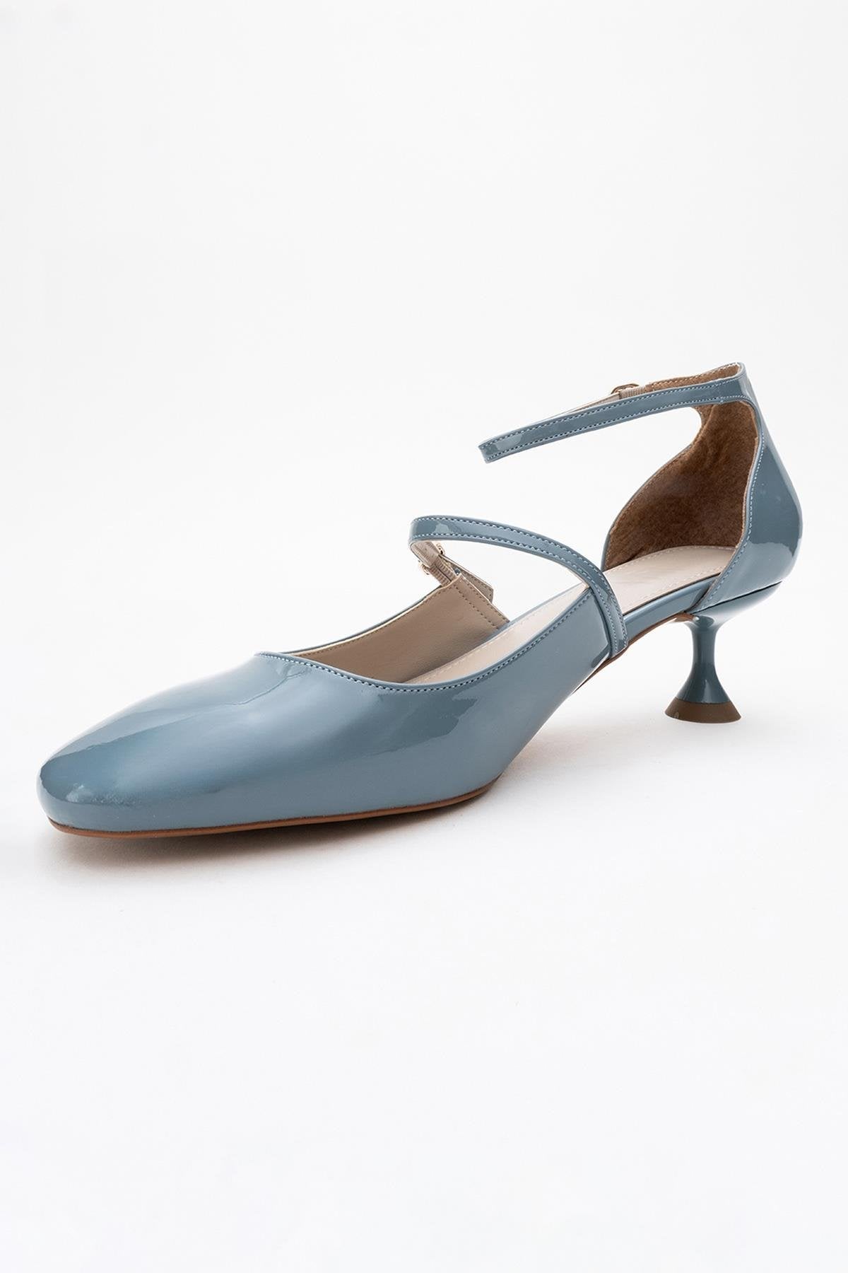 Emly - Blue Patent Round Toe Low Heel Shoe – heel view showing leather, blue, red, SimmiUnique