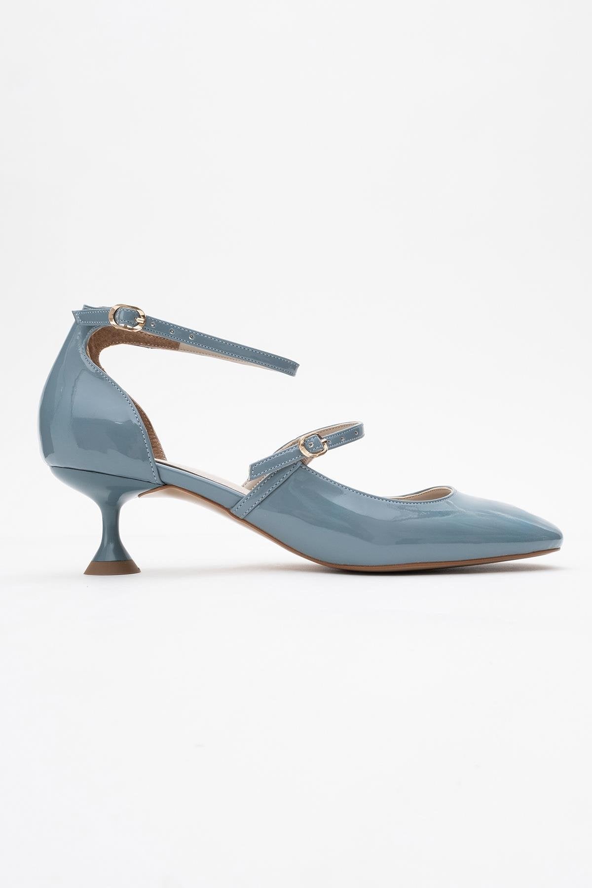 Emly - Blue Patent Round Toe Low Heel Shoe – top view showing leather, blue, red, SimmiUnique