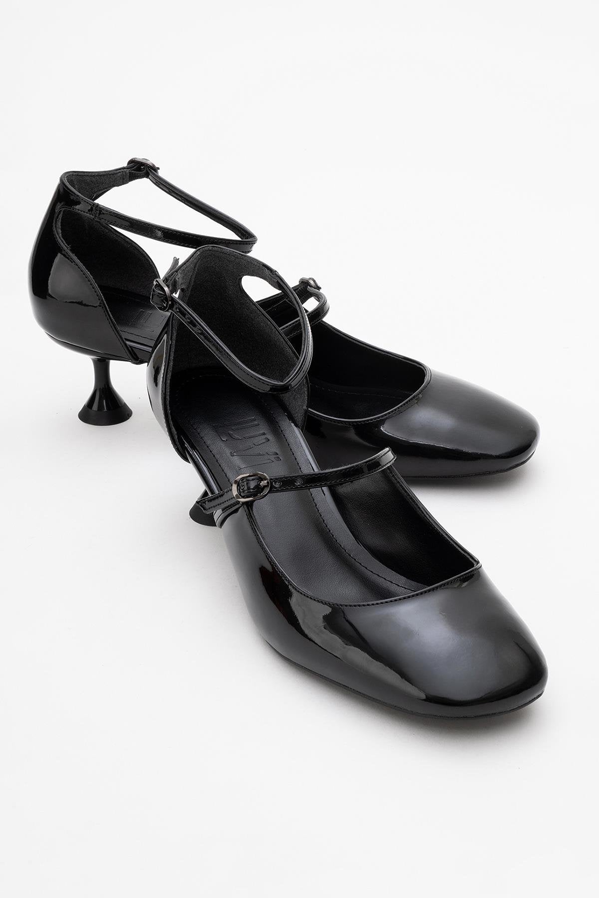 Emly - Black Square Toe Low Heel Shoe – front three-quarter view showing leather, black, red, SimmiUnique