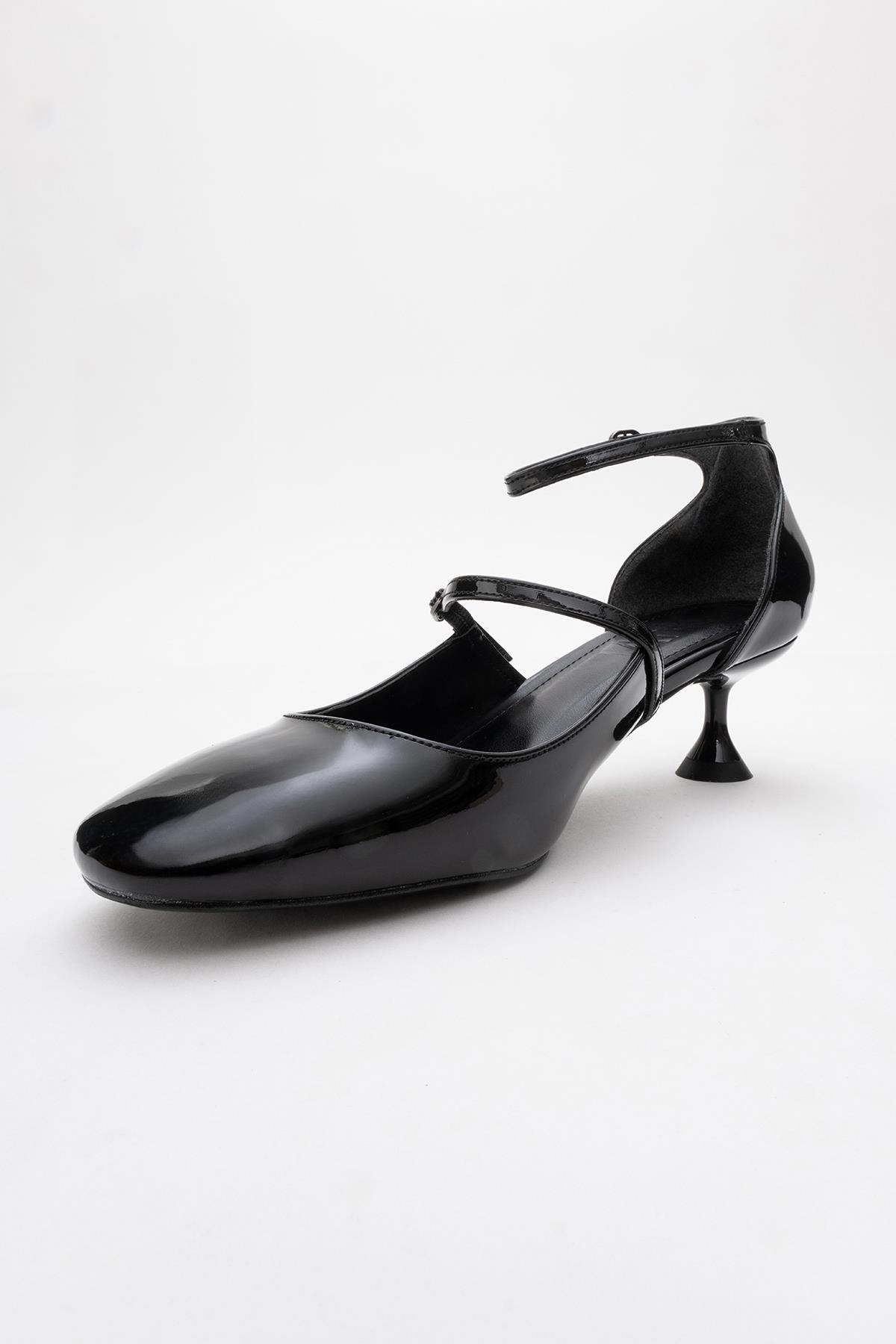 Emly - Black Square Toe Low Heel Shoe – heel view showing leather, black, red, SimmiUnique