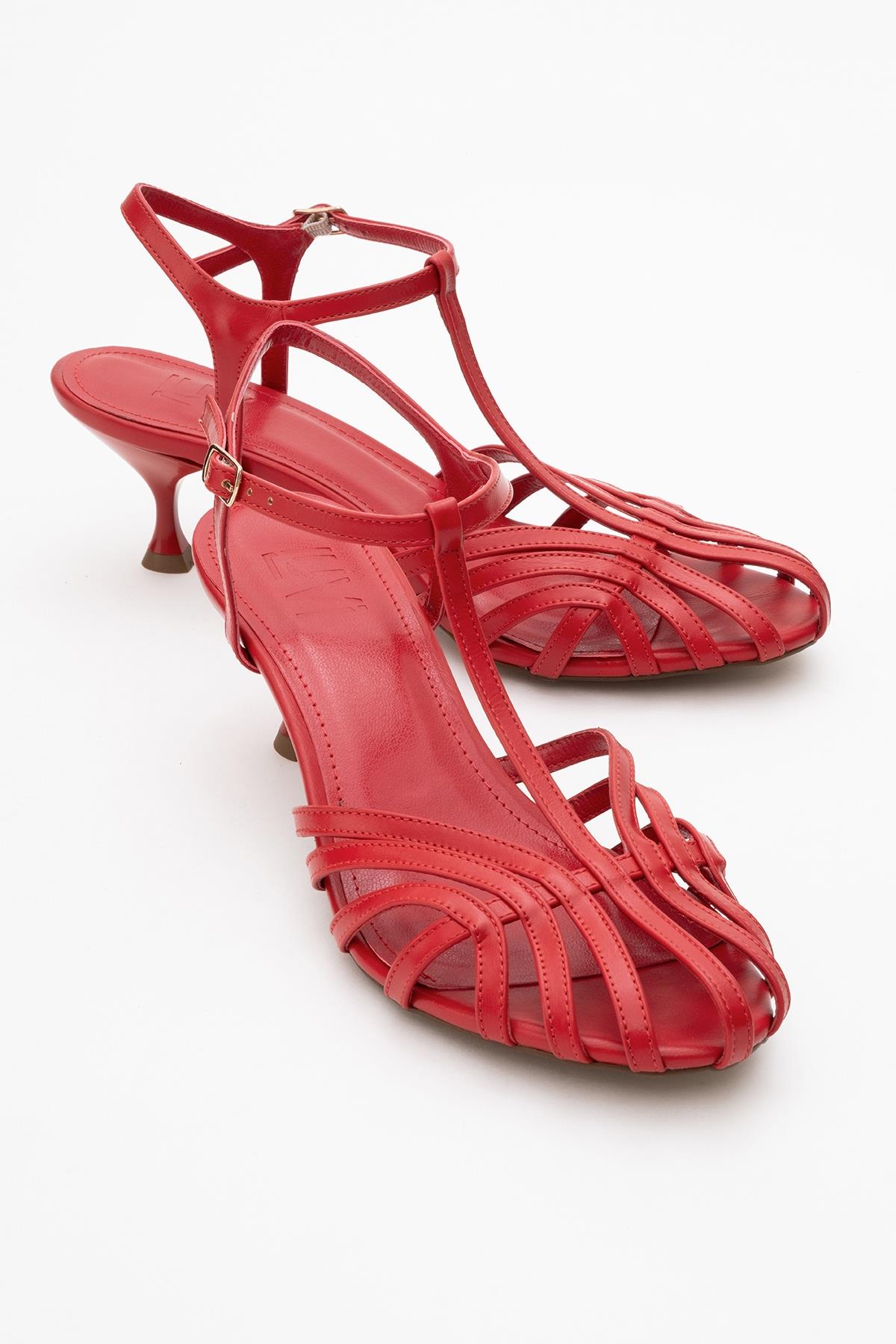 Felip - Red Strappy Low Heel Sandal – front three-quarter view showing leather, red, SimmiUnique