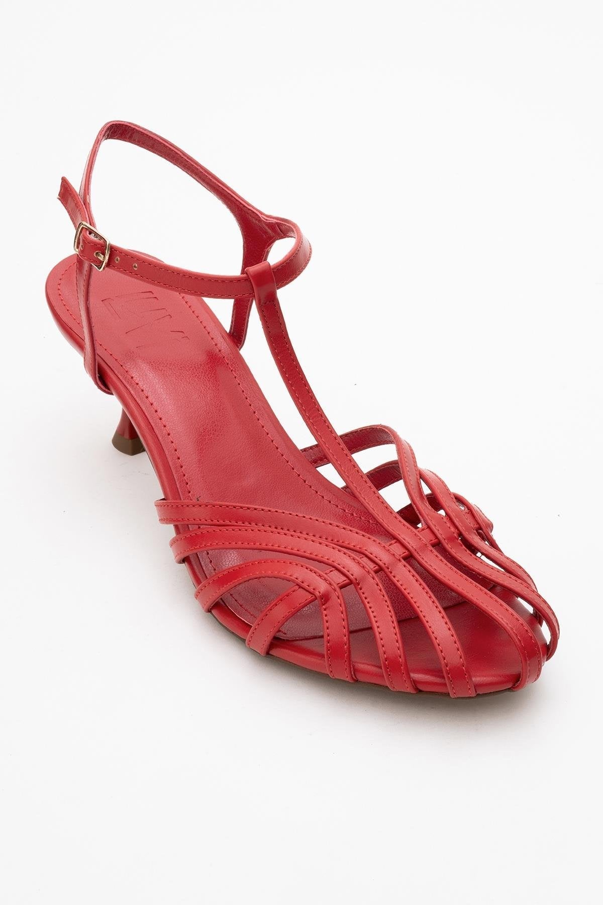 Felip - Red Strappy Low Heel Sandal – detail view showing leather, red, SimmiUnique