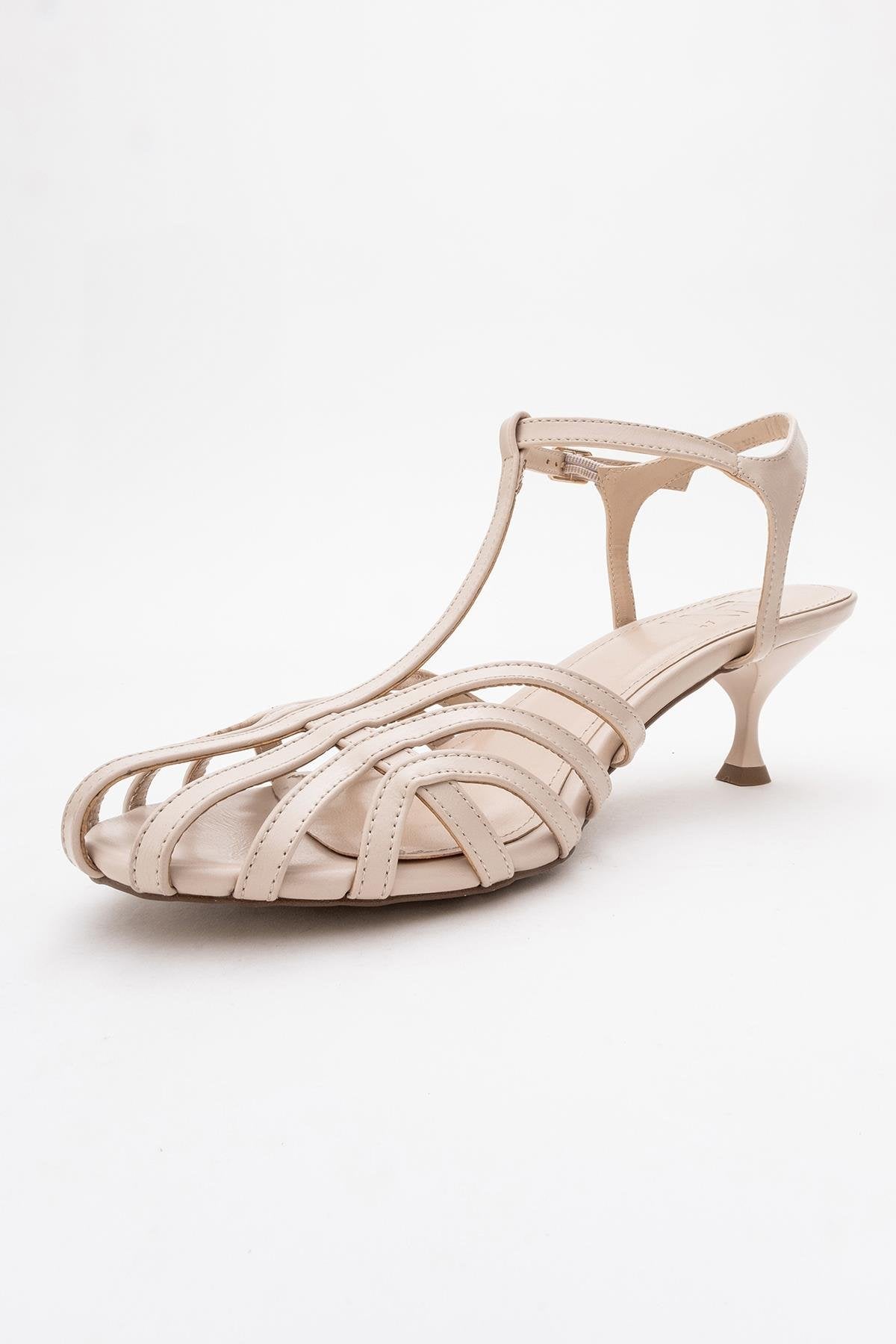 Felip - Off-White Strappy Low Heel Sandal – heel view showing leather, white, SimmiUnique