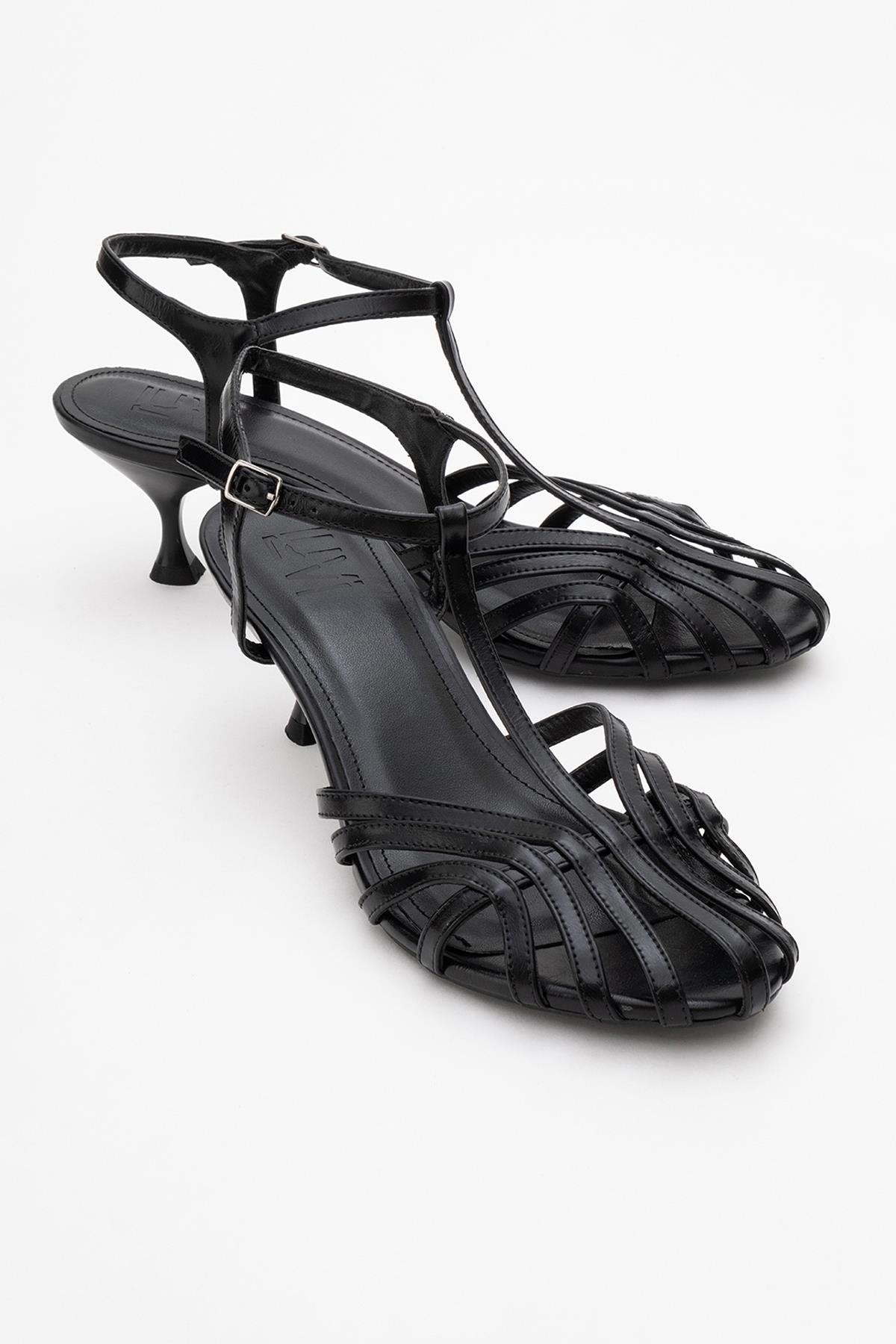 Felip - Black Strappy Low Heel Sandal – front three-quarter view showing leather, black, red, SimmiUnique