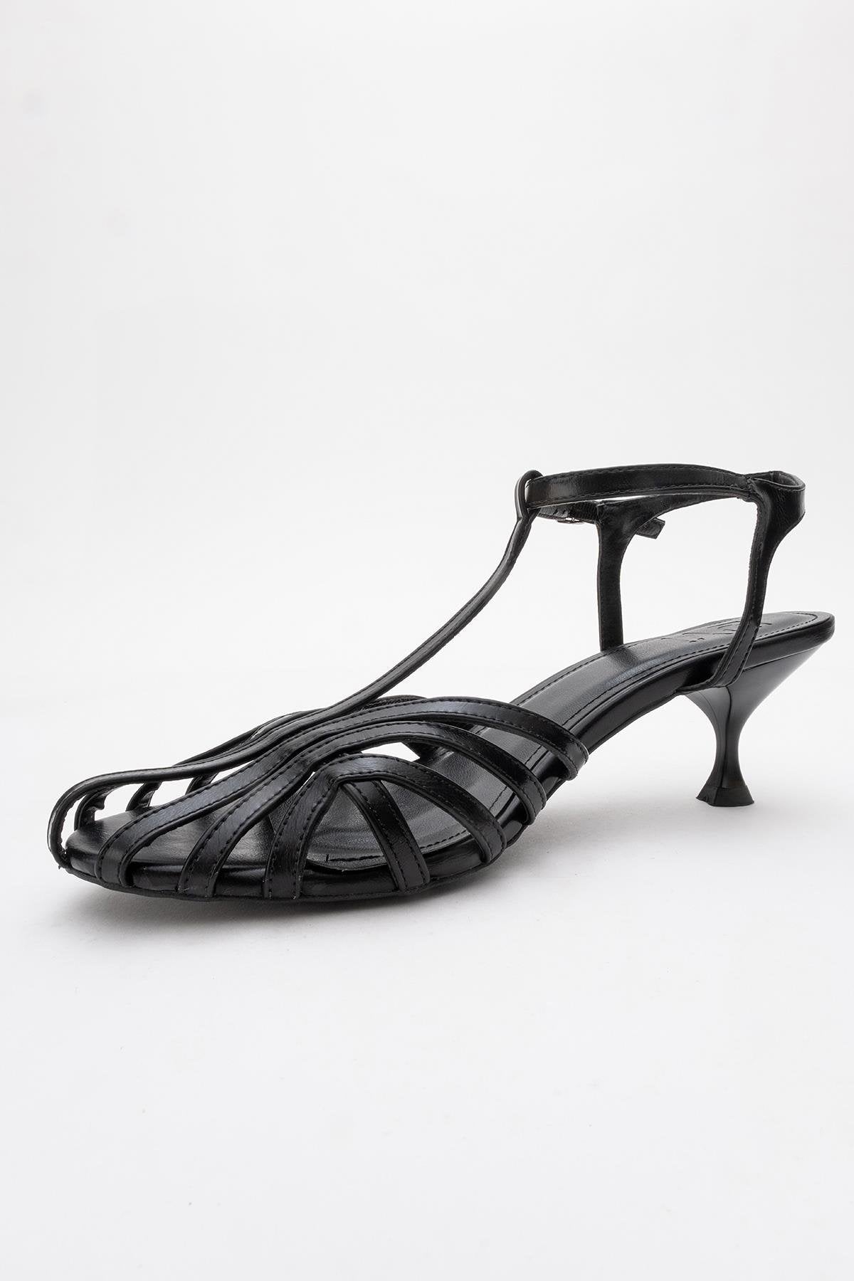 Felip - Black Strappy Low Heel Sandal – back view showing leather, black, red, SimmiUnique