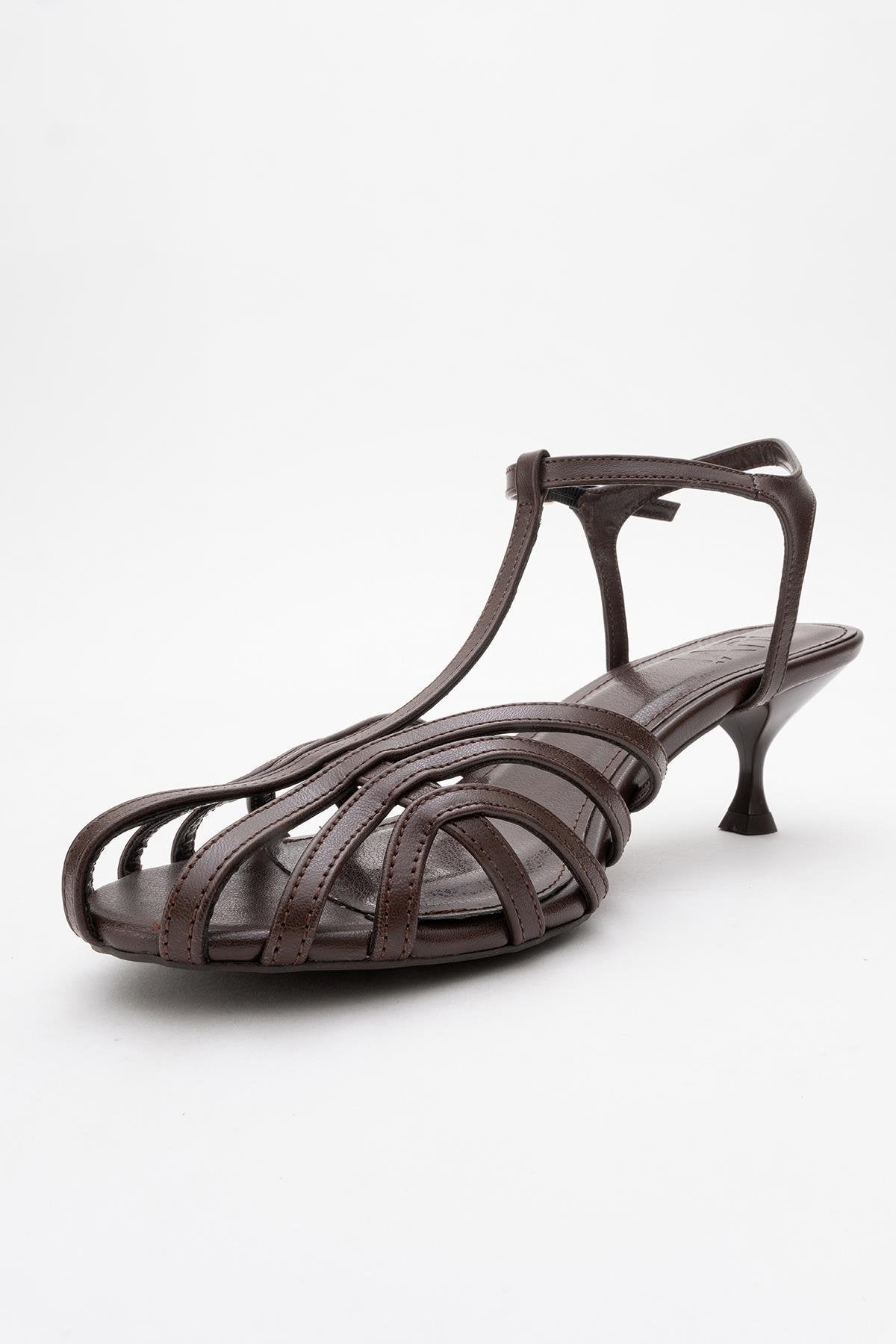 Felip - Brown Strappy Low Heel Sandal – heel view showing leather, red, SimmiUnique