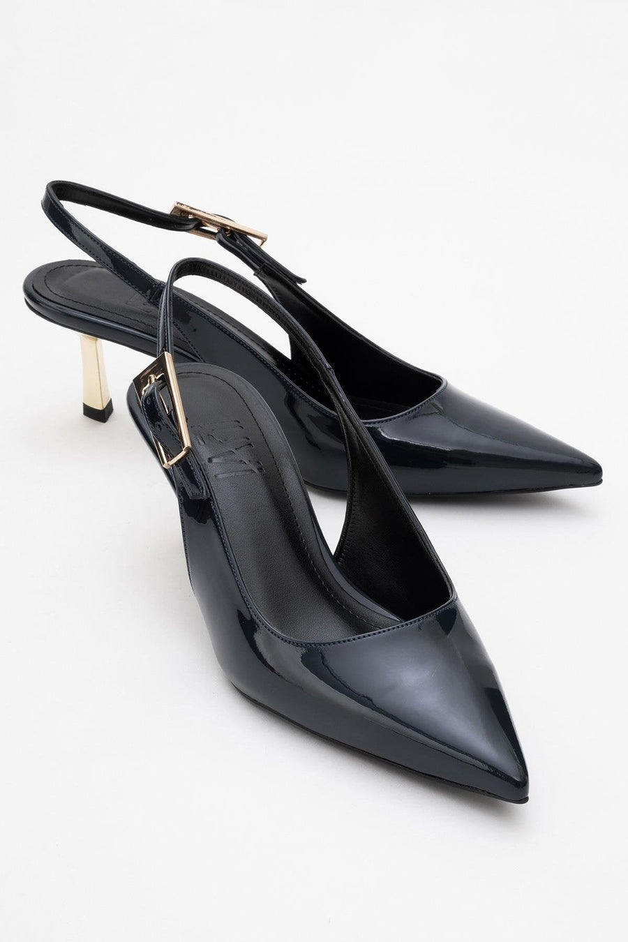 Arty - Navy Patent Buckled Pointed Toe Slingback Stiletto