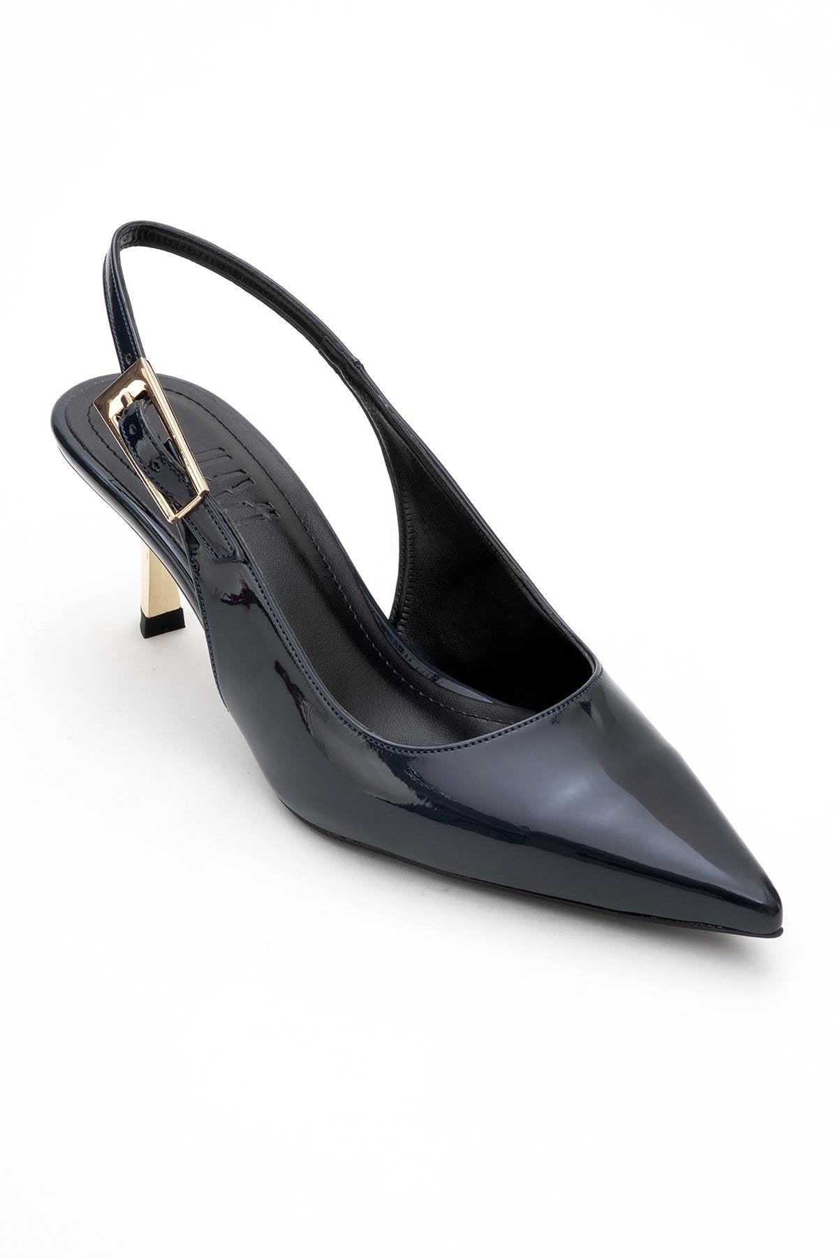 Arty - Navy Patent Buckled Pointed Toe Slingback Stiletto – detail view showing leather, SimmiUnique