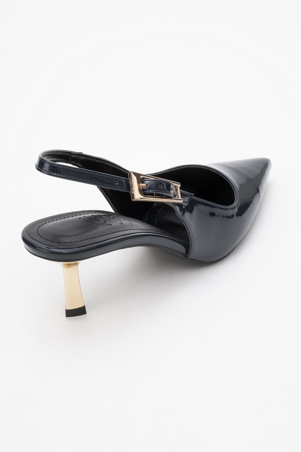 Arty - Navy Patent Buckled Pointed Toe Slingback Stiletto – back view showing leather, SimmiUnique