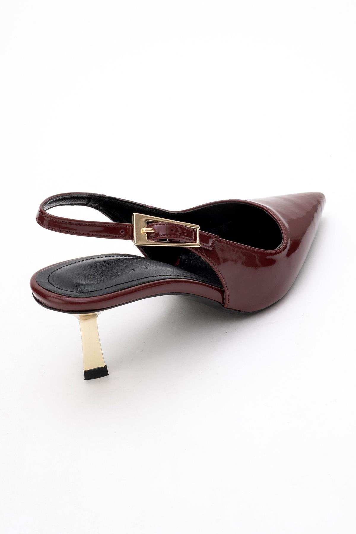 Arty - Burgundy Patent Pointed Toe Slingback Stiletto – heel view showing leather, SimmiUnique
