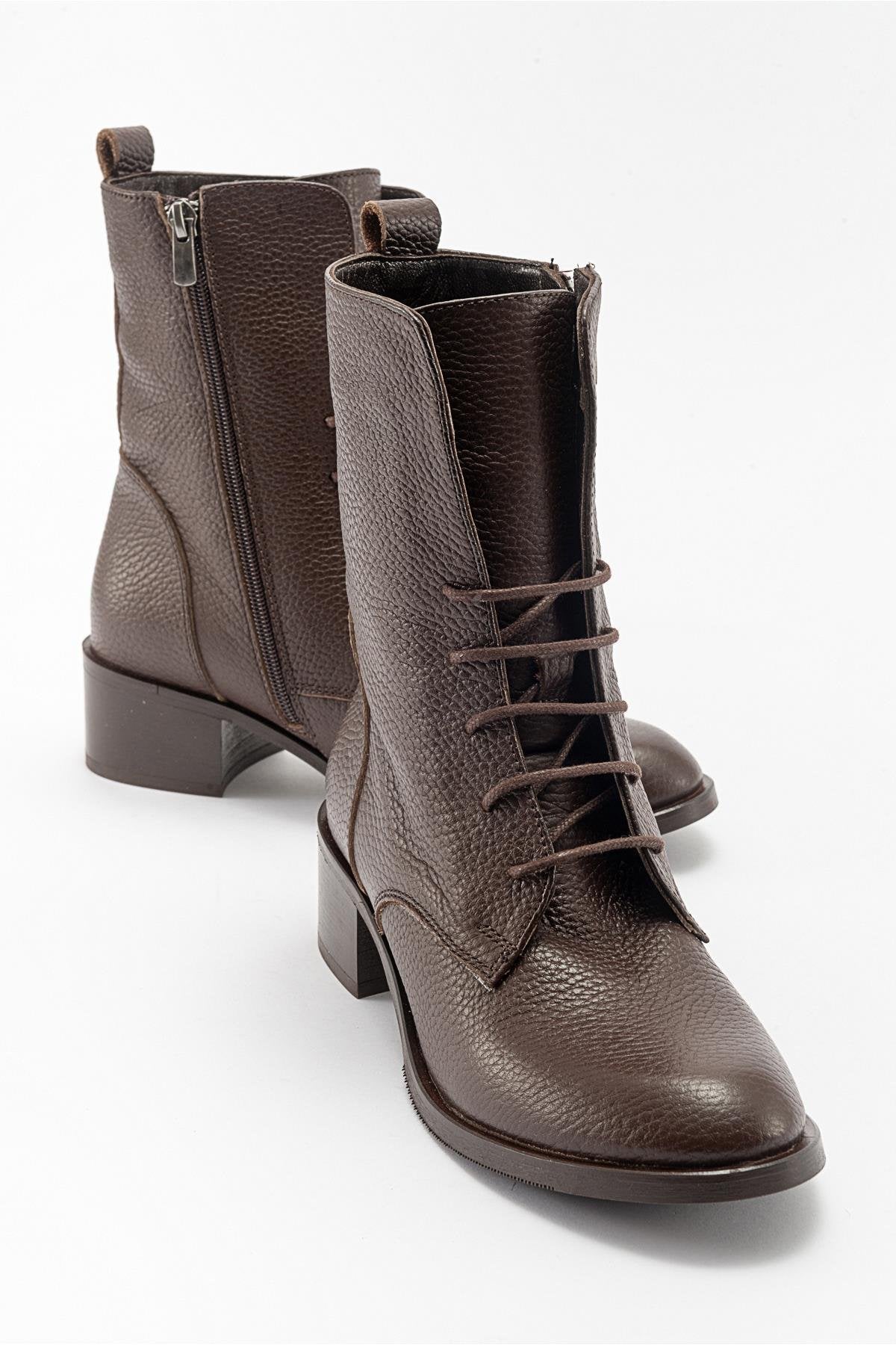 Lana Brown Leather Boot – front three-quarter view showing leather, SimmiUnique