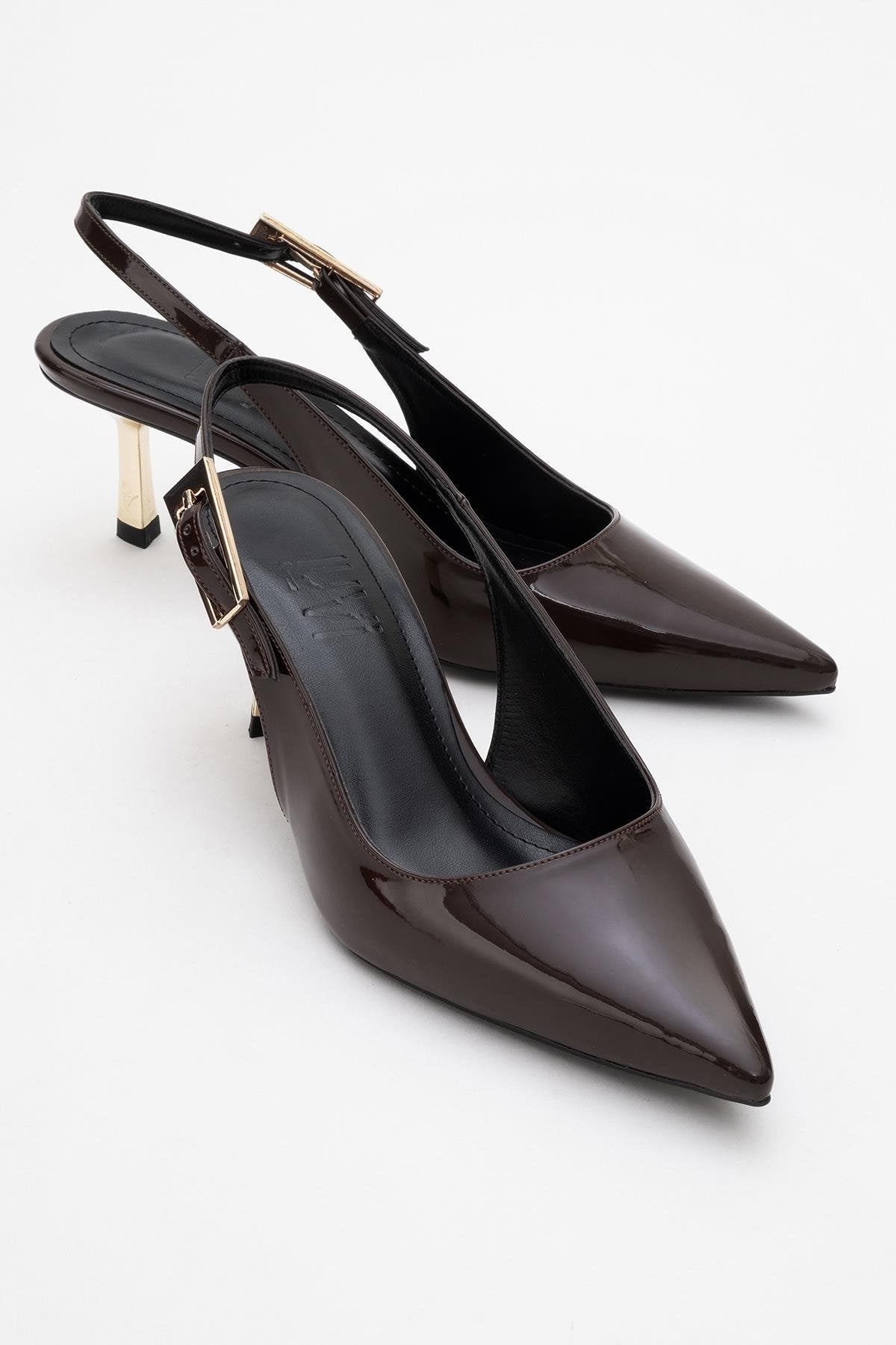 Arty - Brown Patent Pointed Toe Slingback Stiletto – front three-quarter view showing leather, SimmiUnique