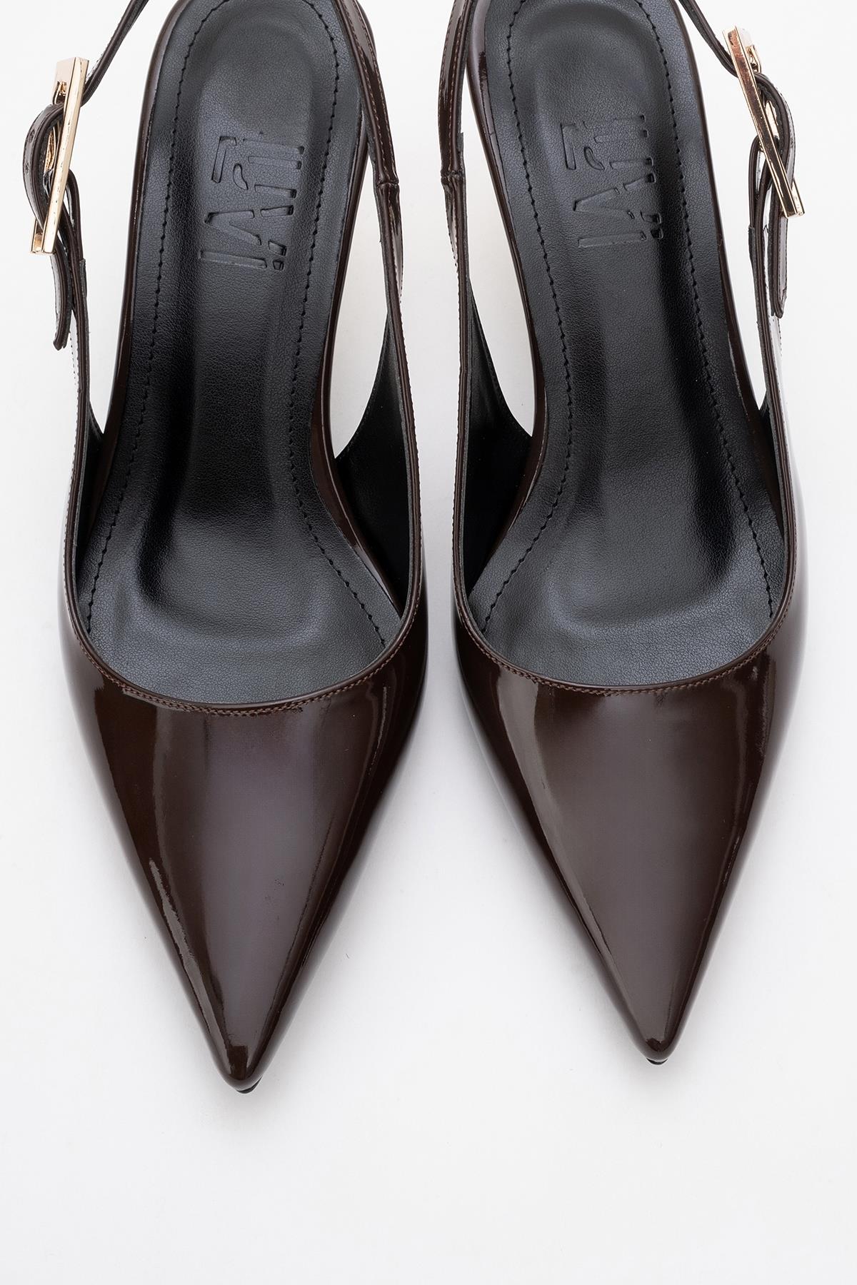 Arty - Brown Patent Pointed Toe Slingback Stiletto – side view showing leather, SimmiUnique