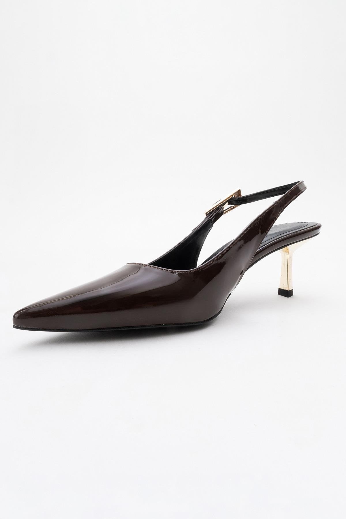 Arty - Brown Patent Pointed Toe Slingback Stiletto – heel view showing leather, SimmiUnique