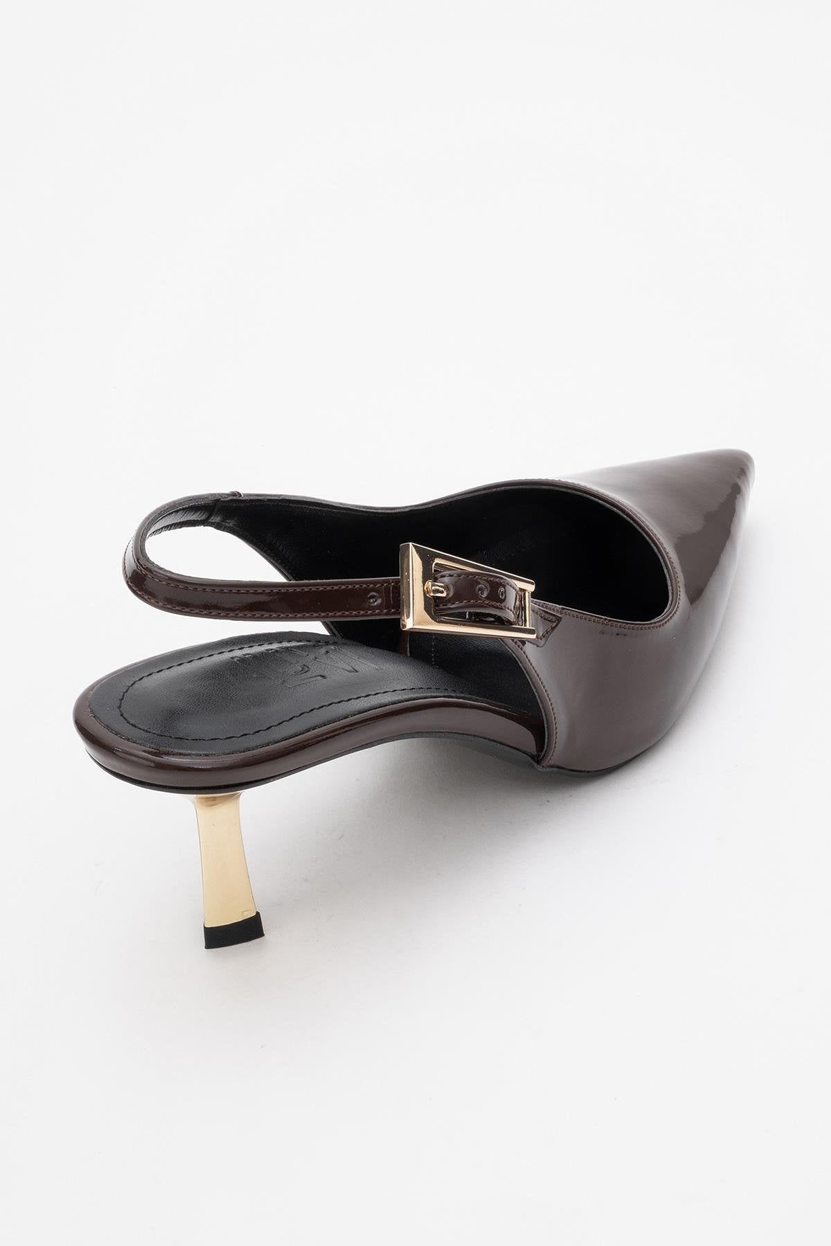 Arty - Brown Patent Pointed Toe Slingback Stiletto – back view showing leather, SimmiUnique