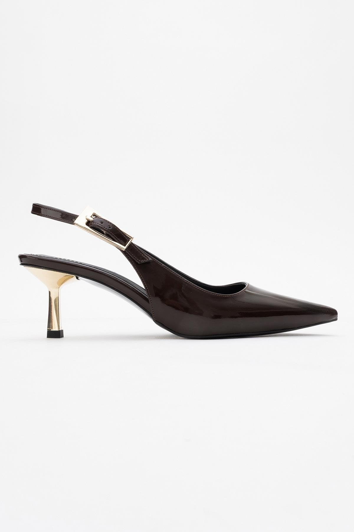 Arty - Brown Patent Pointed Toe Slingback Stiletto – top view showing leather, SimmiUnique