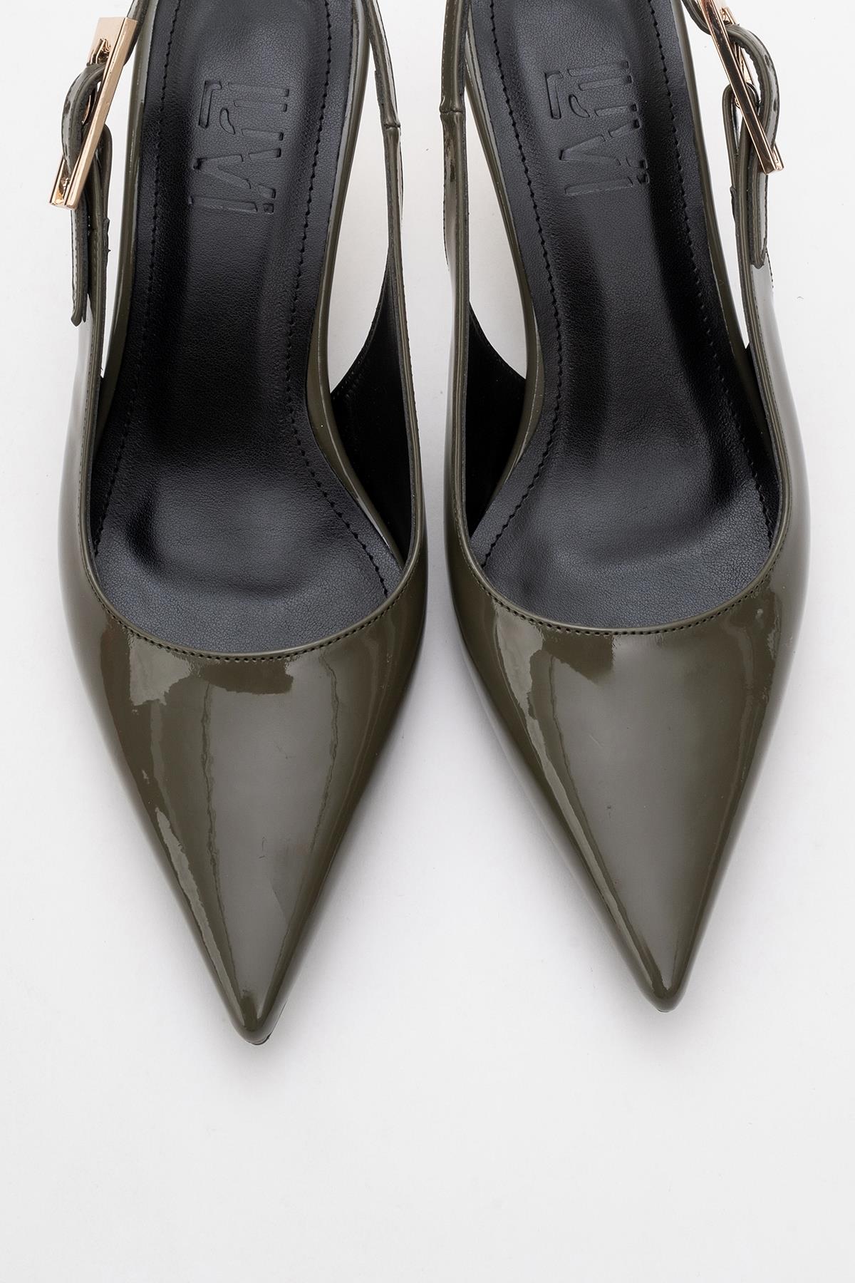 Arty - Olive Patent Pointed Toe Slingback Stiletto – side view showing leather, SimmiUnique
