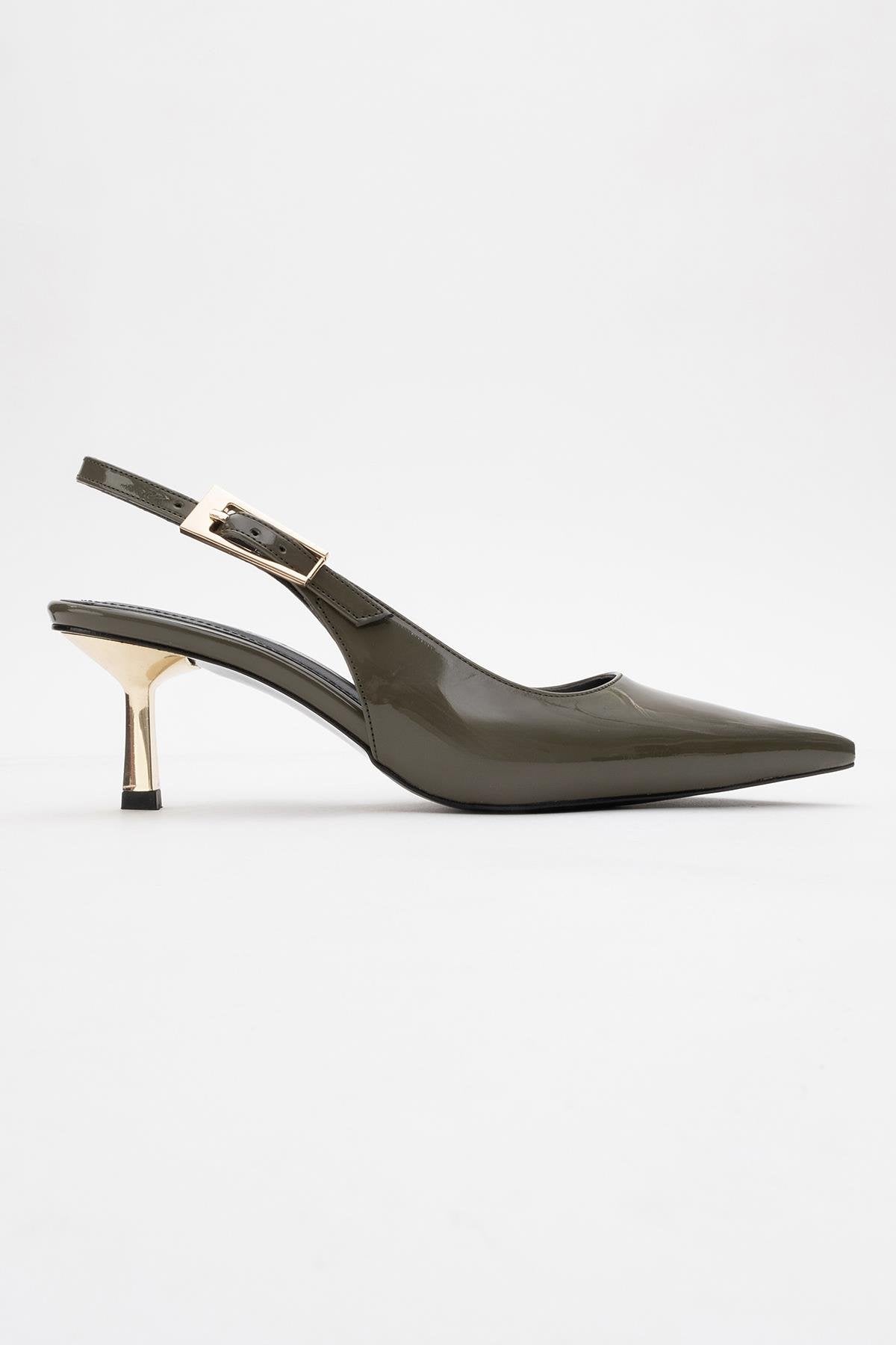 Arty - Olive Patent Pointed Toe Slingback Stiletto – top view showing leather, SimmiUnique