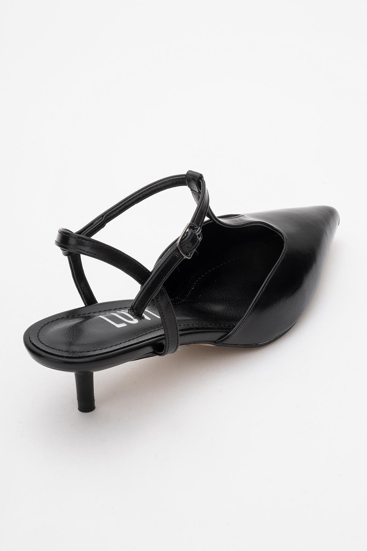 Asher - Black Pointed Toe Open Back Low Heel Shoe – back view showing leather, black, SimmiUnique